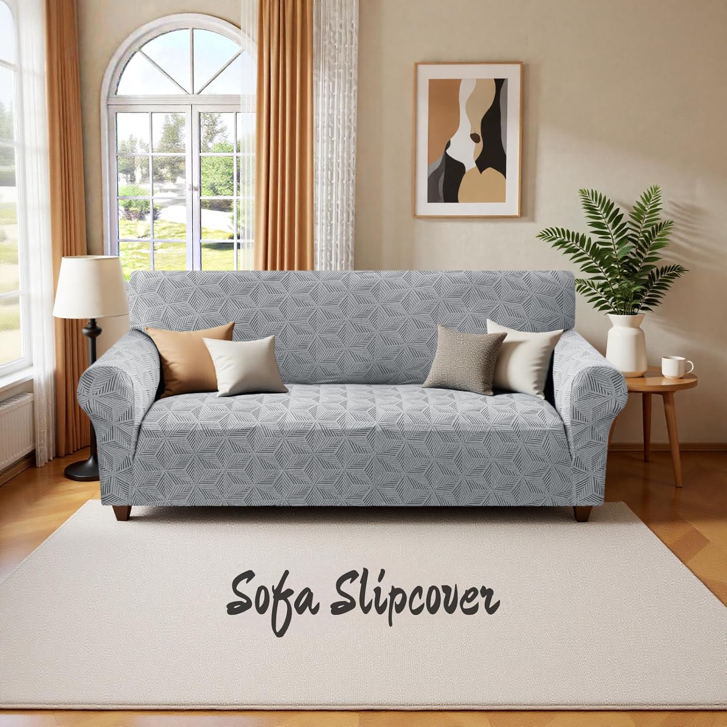 YEMYHOM 1 Piece Stretch Couch Covers for 3 Cushion Couch, Jacquard Sofa Cover with Non-Slip Elastic Bottom, Thickened Slipcover Furniture Protector for Dogs Pets (Large, Light Gray)