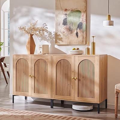 Modern Buffet Cabinet with Storage, 92.63" W Fluted Arched Sideboard Cabinet w/Adjustable Shelves, Wooden Modular Coffee Bar for Dining Room, Kitchen, Living Room, Entryway, Natural