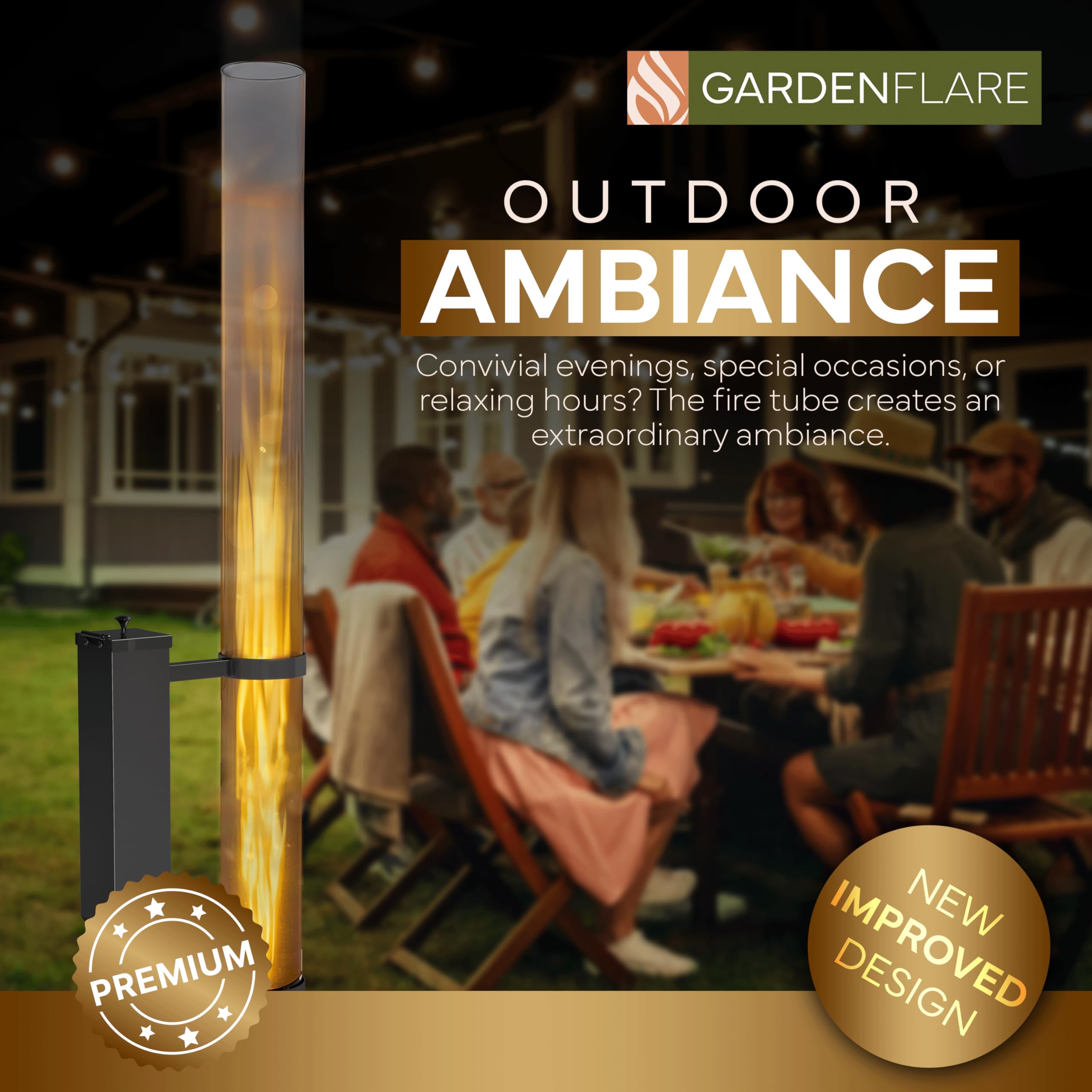 GARDENFLARE Tubo del fuoco di qualità superiore - Grande fiaccola a pellet in acciaio inossidabile con fiamma fino a 1,5 m e spazzola di pulizia inclusa, braciere per giardino e terrazza - Fuoco