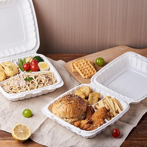 Miniatura 19 de Paquete de 50 bandejas de plástico de 8 x 8 pulgadas, 3 compartimentos, bandejas de comida para llevar, caja desechable Togo resistente para pasta