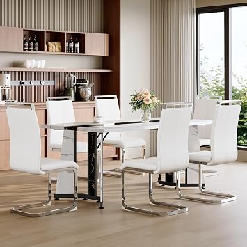 Dining Table Set for 6,White Marble 71 Dining Room Table with Spacious legroom and White Leather Dining Chairs,Easy Assembley,7 Pieces Kitchen Table and Chairs for Dining Room,Restaurant
