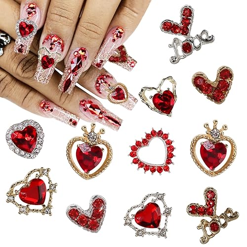 Dijes de uñas para el día de San Valentín, 22 piezas de dijes de aleación de corazón para uñas, gemas rojas para uñas, accesorios brillantes de San