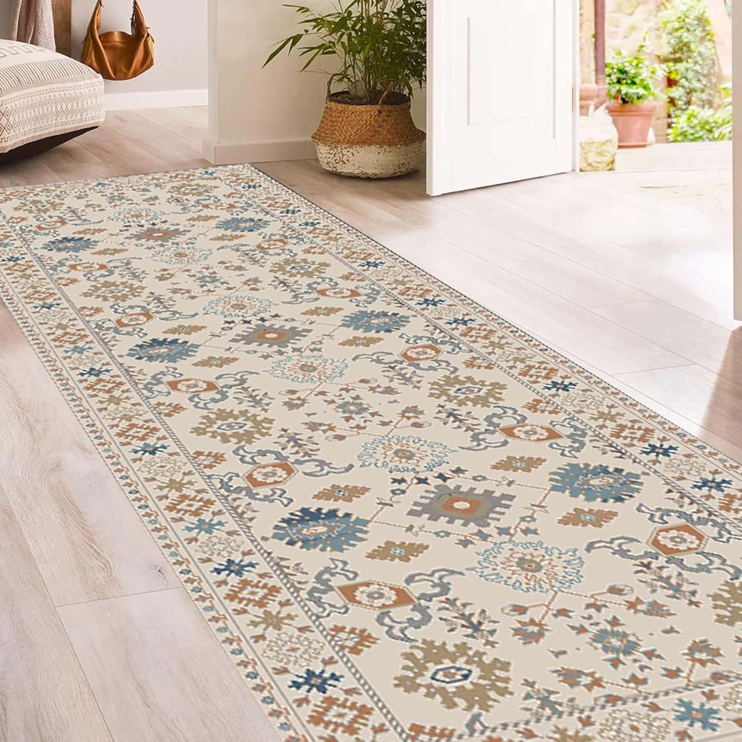 Tapis de passage floral crème 145x360 cm lavable et antidérapant