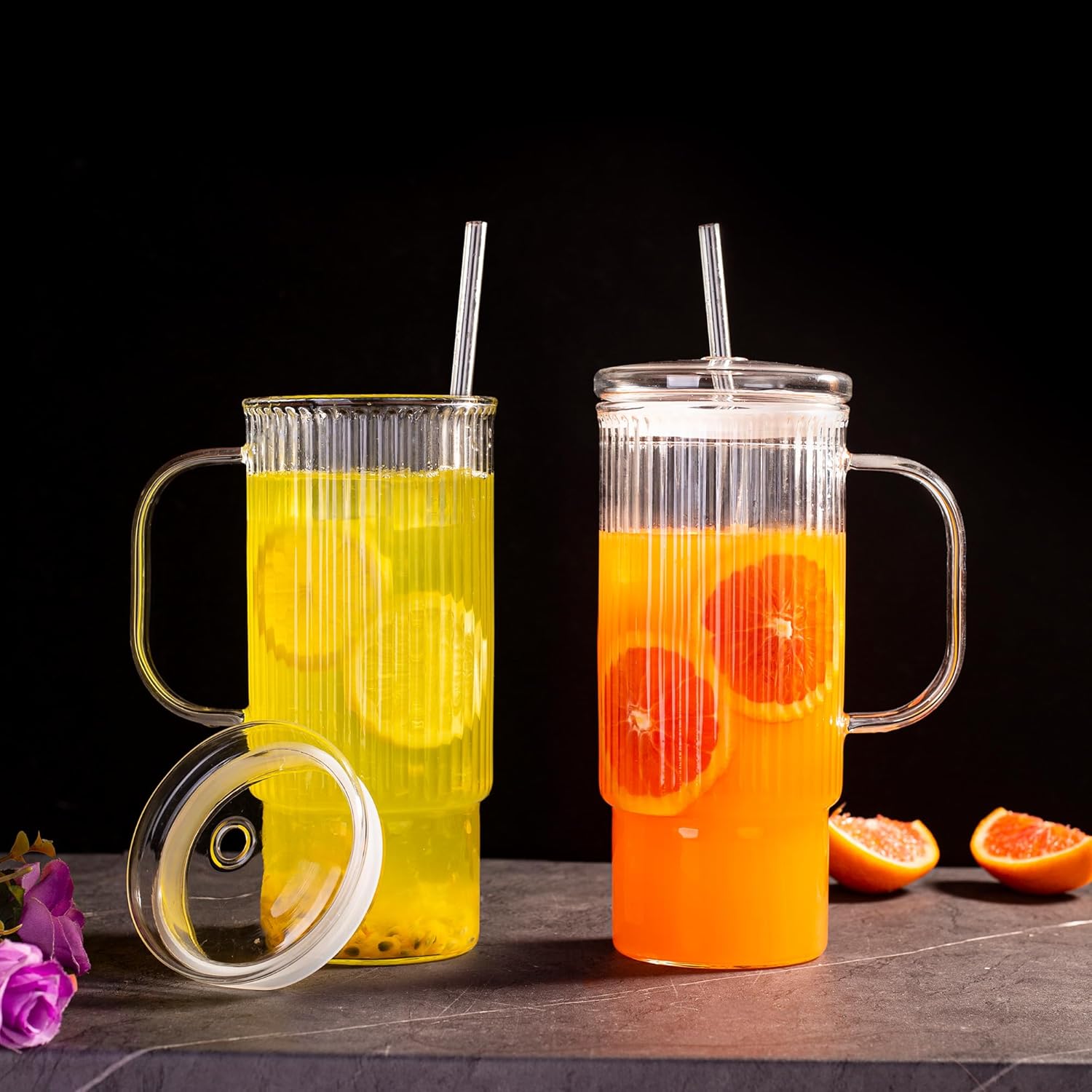 32oz Ribbed Glass Cup with Handle glass Lid and Plastic Straw, Glass Tumbler, Iced Coffee Cups Hot/Cold Drinks - Image 7