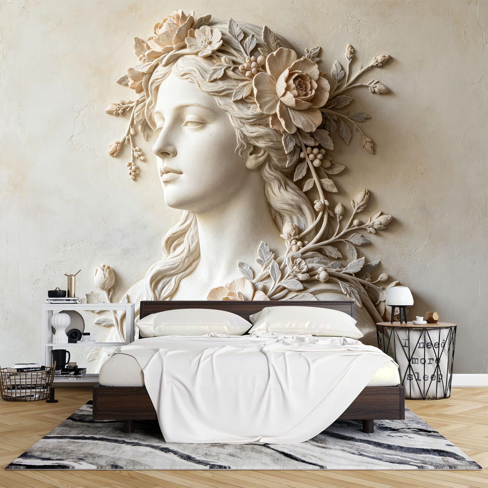 Papier Peint Mural 3D Intissé 300 x 210 cm Aspect Gaufré Représentant Une Déesse Classique Avec Une Couronne Fleurs Décoration Fresque Murale Idéale pour le Salon la Chambre Ou Toute Autre Pi