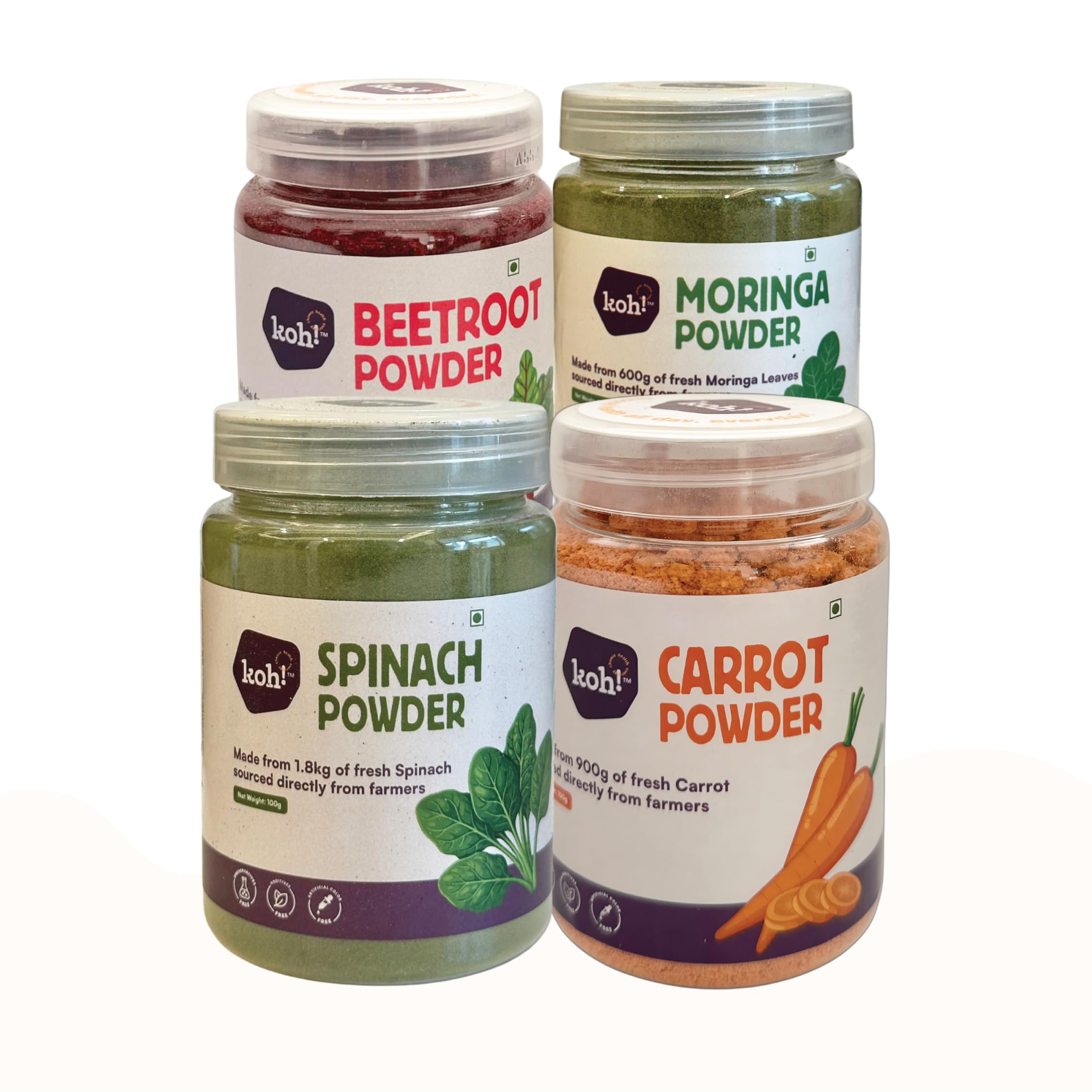 koh! Superfoods 4-Pack | Beetroot, Spinach, Carrot & Moringa Vegetable Powders | 100g x4 | Vegan-image-19