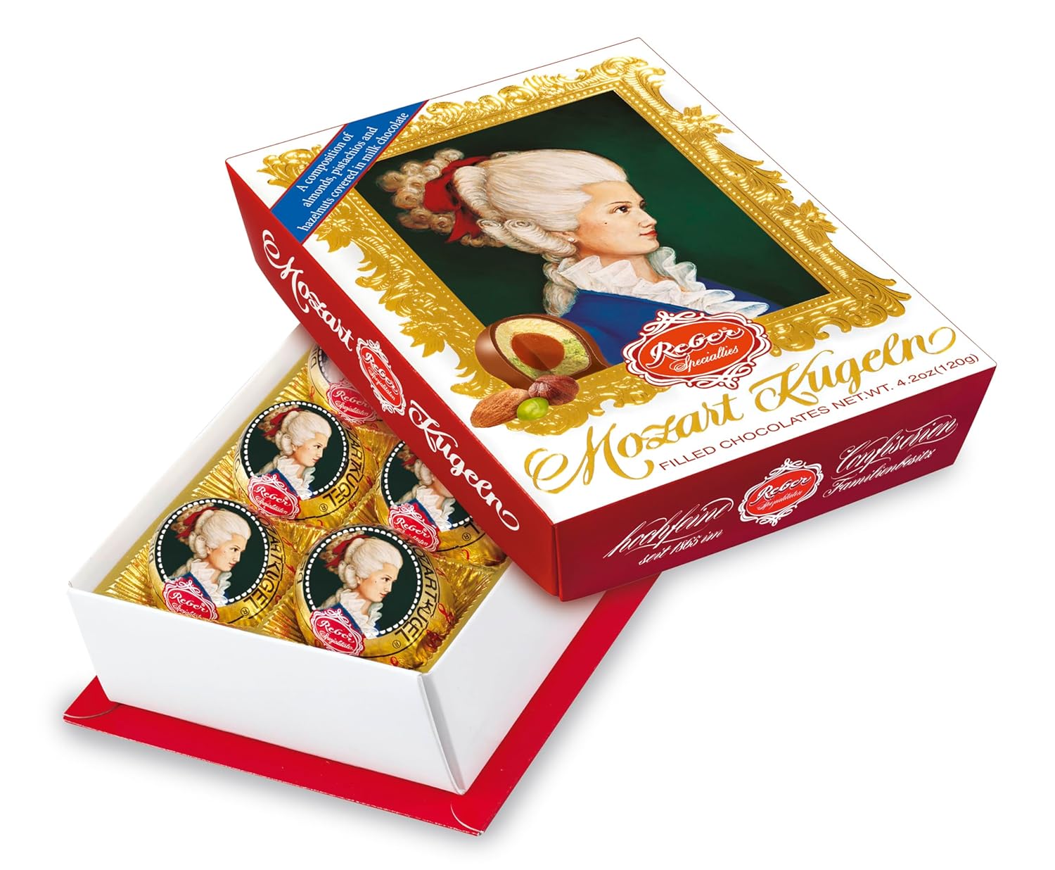 REBER Constance Kugel - Premium Milk Chocolate with Nougat & Marzipan, Kosher Certified, Fine German Confectionery Gift Box | 6 Piece Portrait Box