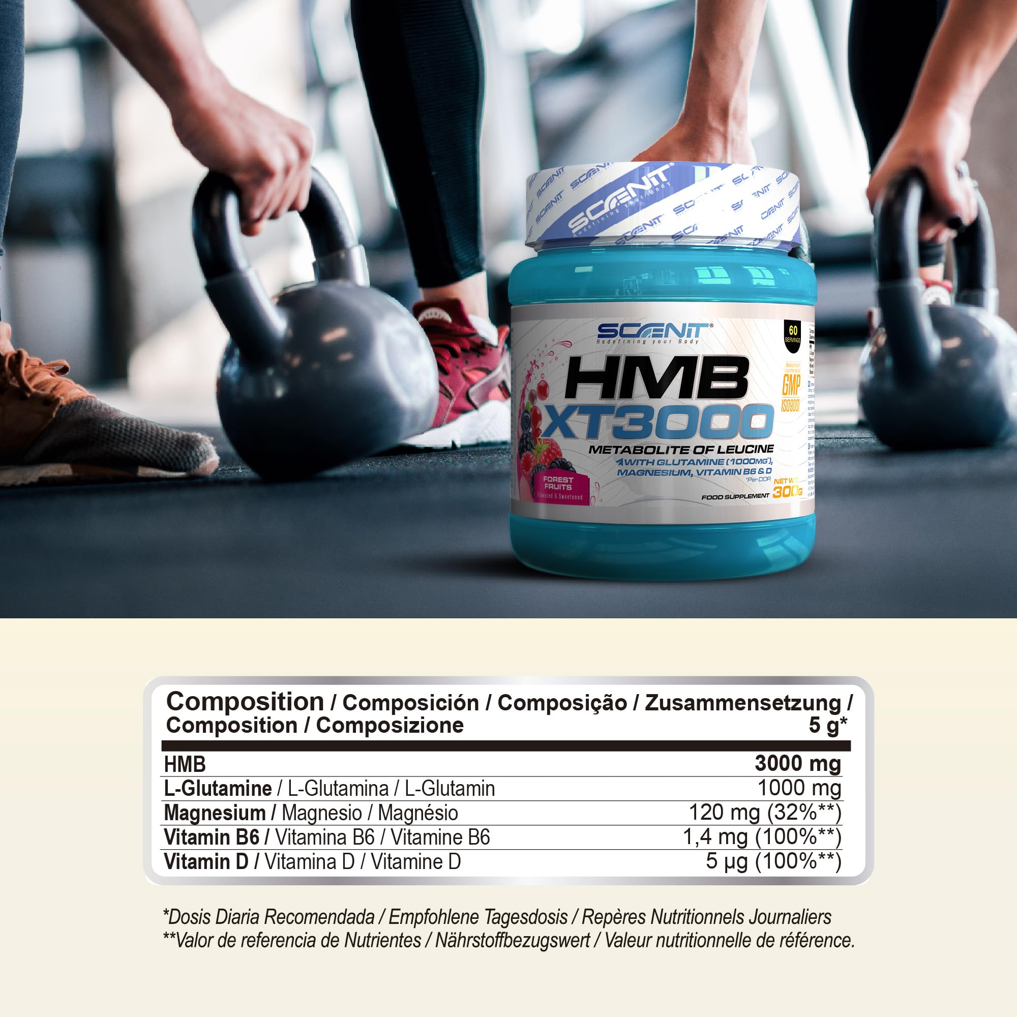 HMB XT 3000-3000 mg de HMB poudre avec saveur - Avec Glutamine, Magnésium, Vitamine B6 et Vitamine D - Saveur fruits des bois (300 g, 60 portions)