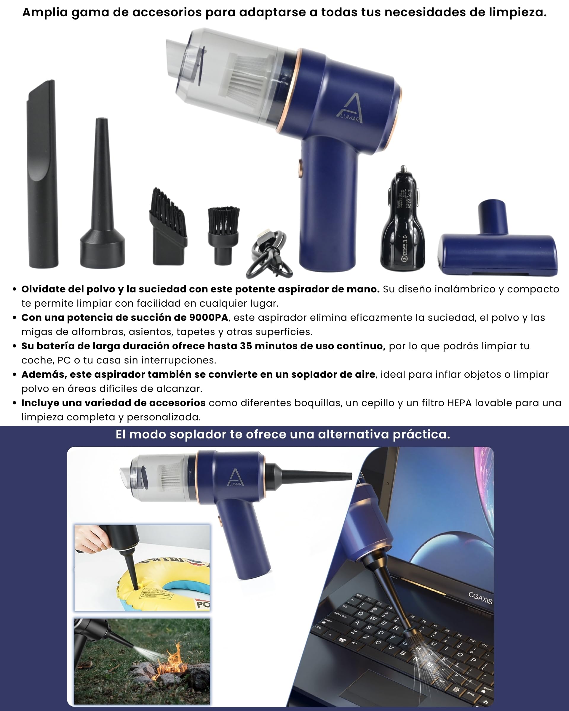 Aspirador de coche potente portatil sin cables, aspirador y soplador, Cargador de coche inluido, Filtro HEPA Lavable, 9000PA,4000mah, USB C, Soplador de aire para PC, Aspirador de coche inalámbrico.