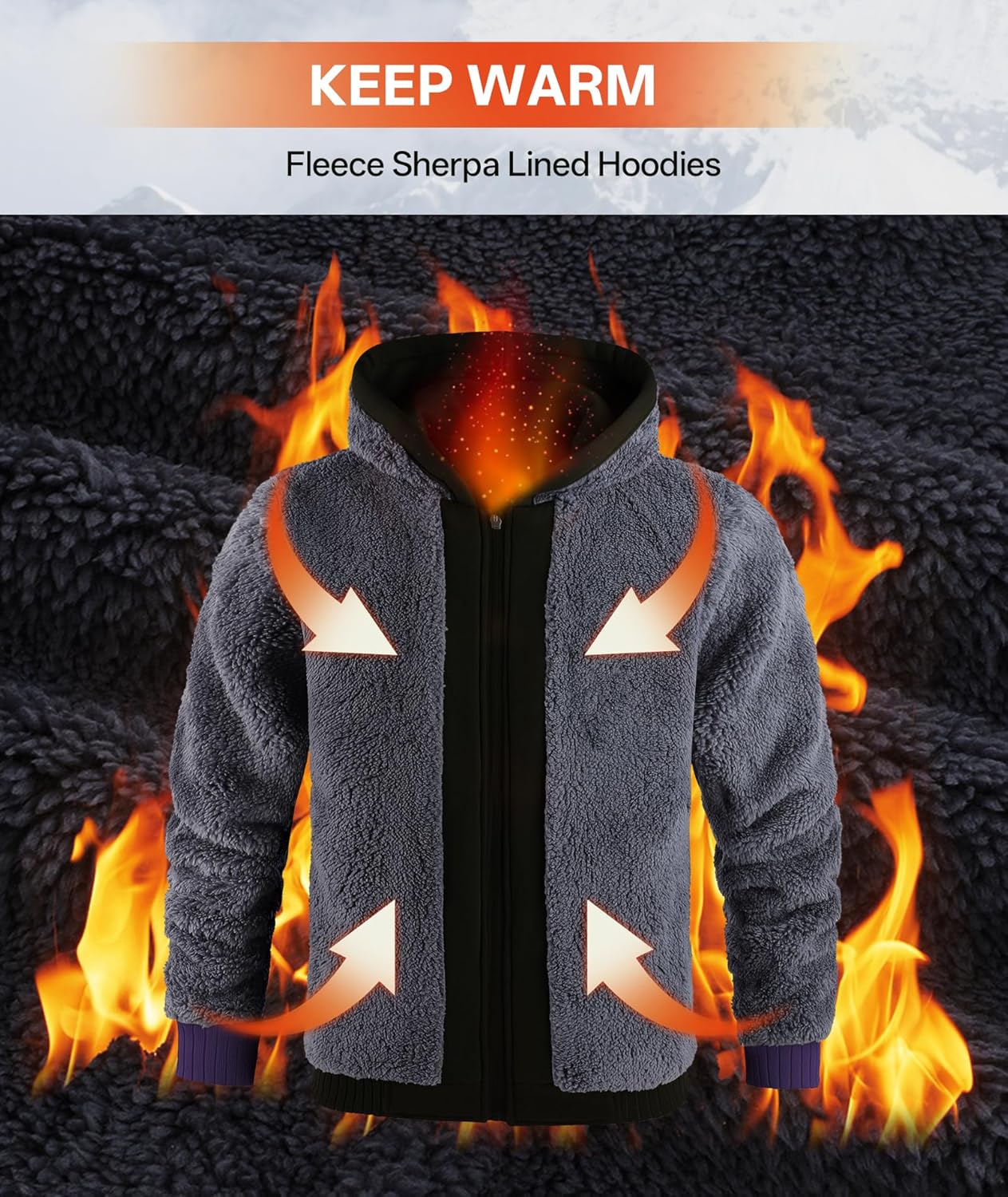V VALANCH Men Hoodies Zip Up Sherpa Lined Sweatshirts Heavyweight Thick Warm Fleece Winter Jacket - Image 4