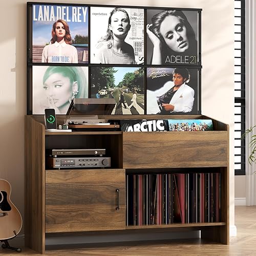 Soporte grande para tocadiscos con almacenamiento de vinilo, armario de almacenamiento de discos con estación de carga, mesa de tocadiscos con