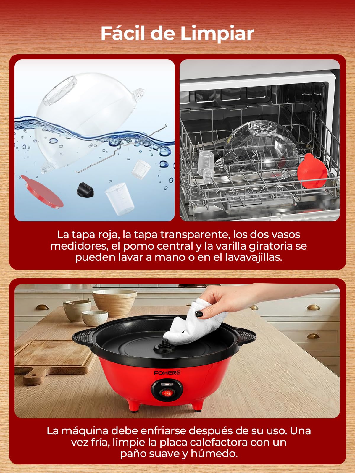 FOHERE 4,5L Palomitero, 700W Maquina Palomitas Incluye 2 Tazas Medidoras de Granos de Maíz, Azúcar y Aceite, Agitación Automática Electrico Palomitera para las Vacaciones y las Noches de Cine, Rojo