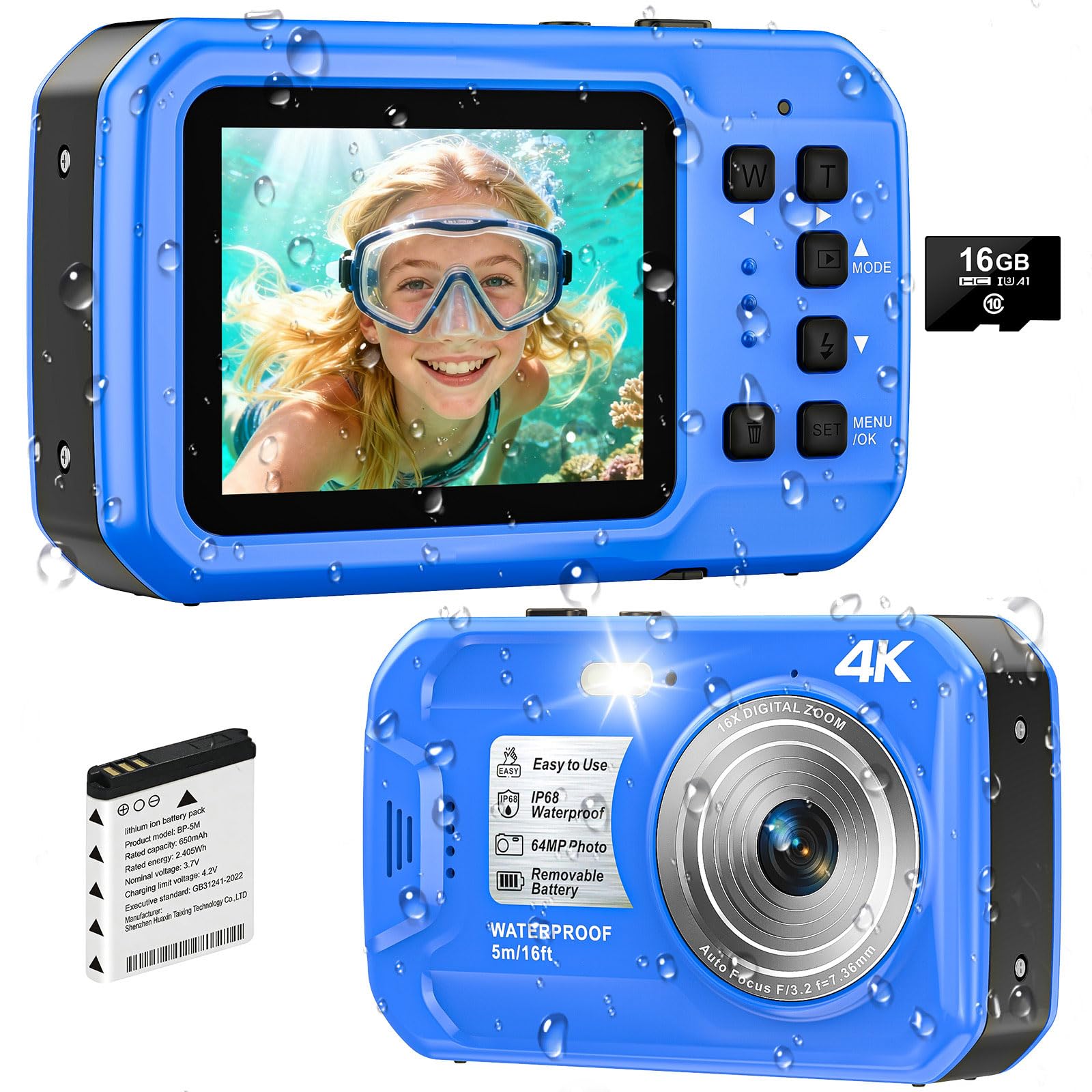 Unterwasserkamera, Yixinxin Digitalkamera wasserdichte 4K 64MP 16FT Autofokus wasserdichte Kamera zum Schnorcheln, IPS HD Bildschirm 16X Digitalzoom und 32GB Karte