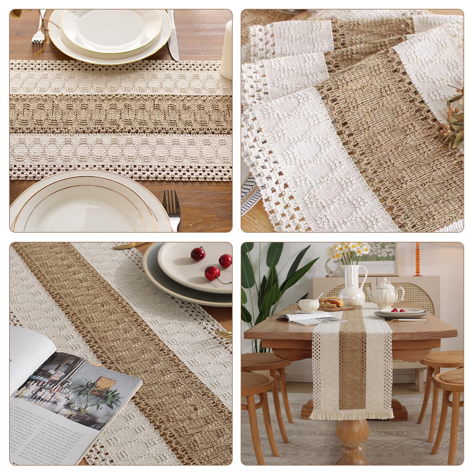 Weldomcor Runner da tavola in macramè in tessuto rustico, in cotone e lino, stile bohémien, con nappe, per tavolo da pranzo, matrimoni, baby shower