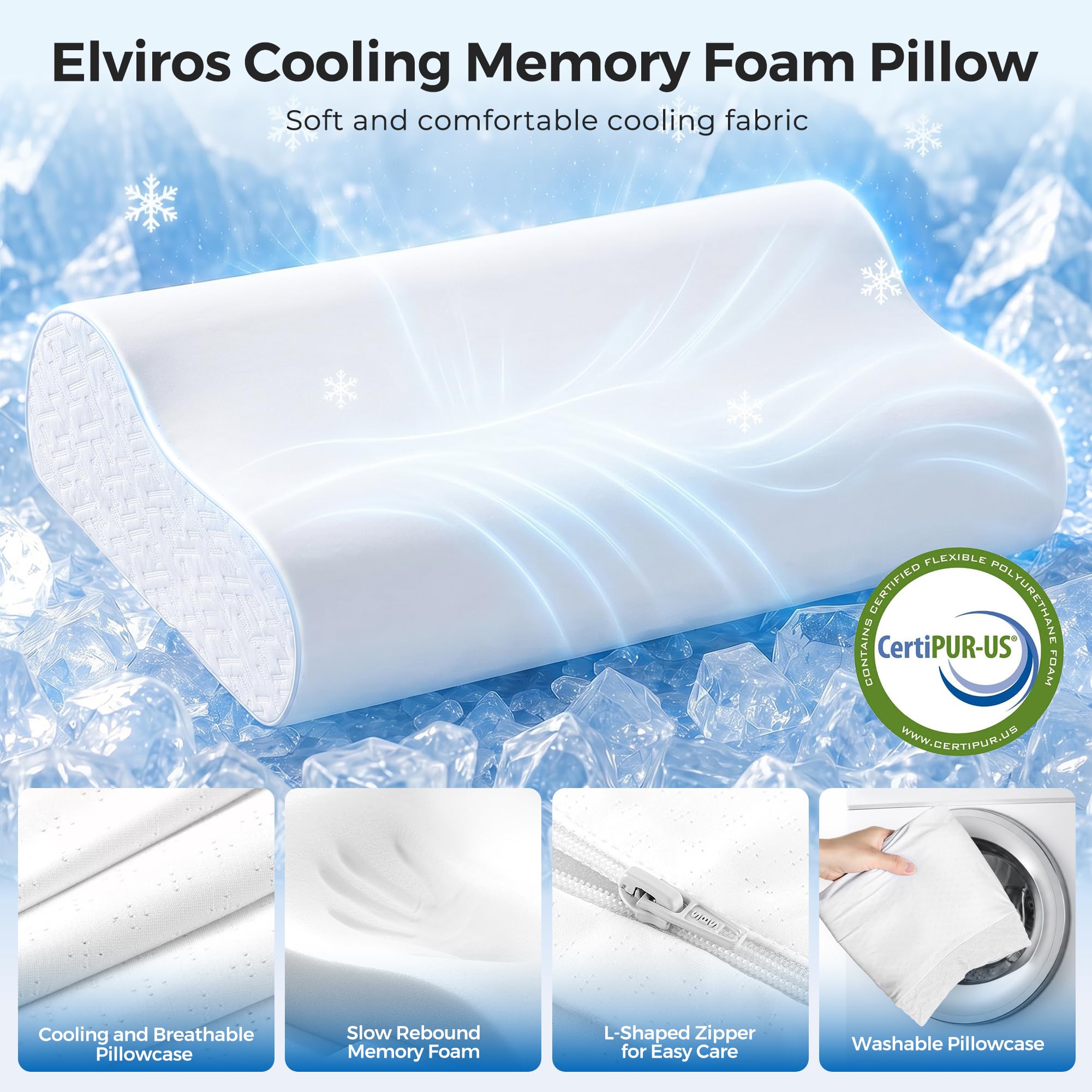 Elviros Ergonomisches Nackenstützkissen aus Memory Foam, Höhenverstellbares Sandwichkissen für Seiten- und Rückenschläfer, Kissen mit Abnehmbarem Atmungsaktivem Bezug, 60x35,5x13,5cm