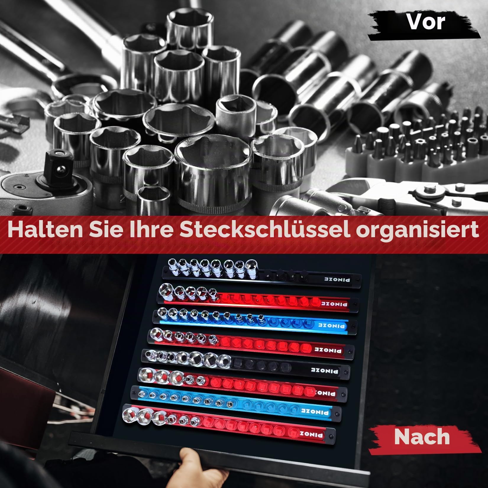 PINOZE Magnetischer Steckschlüsselhalter-Organizer-Set – 1/4, 3/8, 1/2 Zoll (1/2 Zoll), Aluminiumlegierung, für Werkzeugkasten, Schublade, Steckdosenregal-Set mit 114 Clips für Automobil-Garage (blau