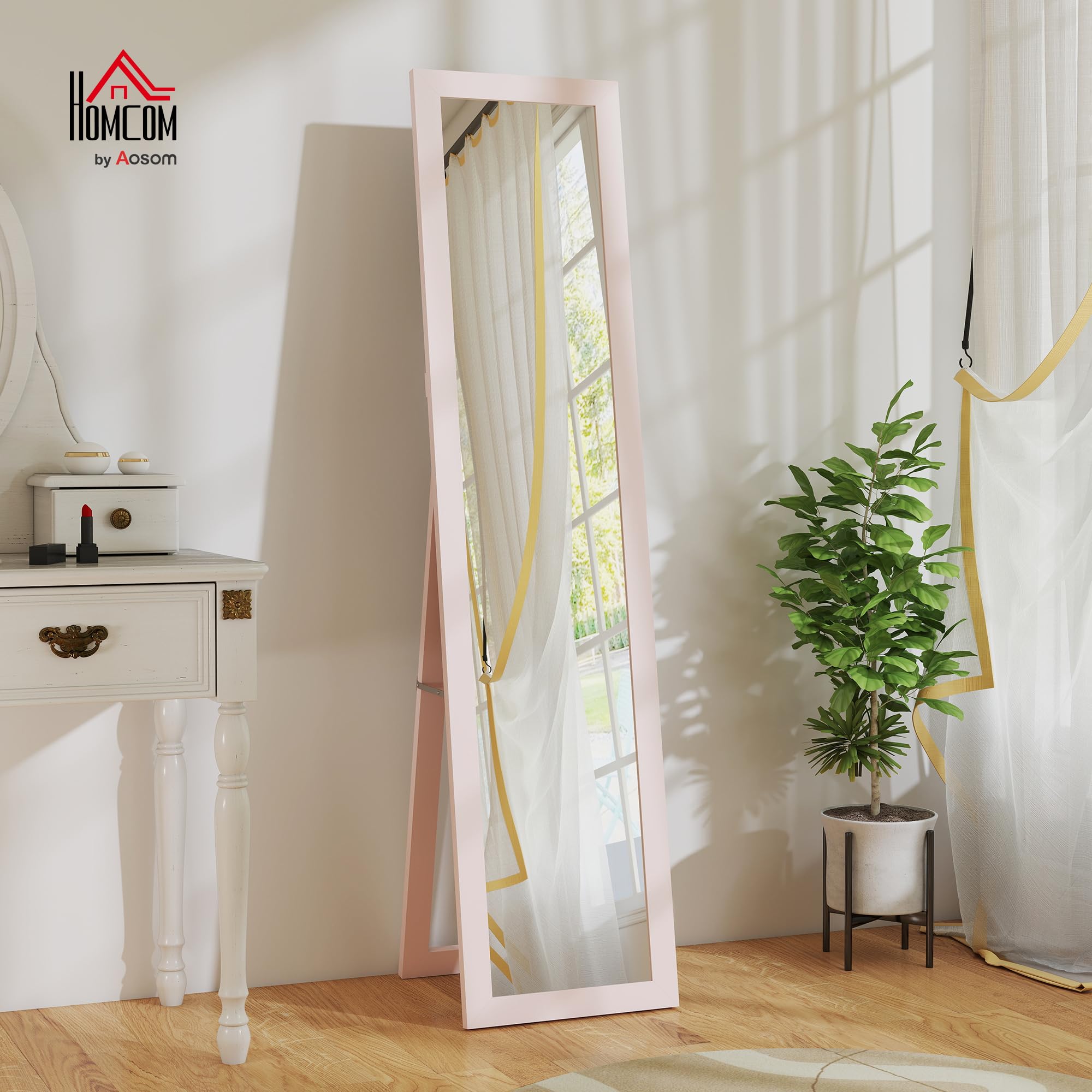 HOMCOM Specchio intero da terra 157x37cm con supporto rosa perlato chiaro