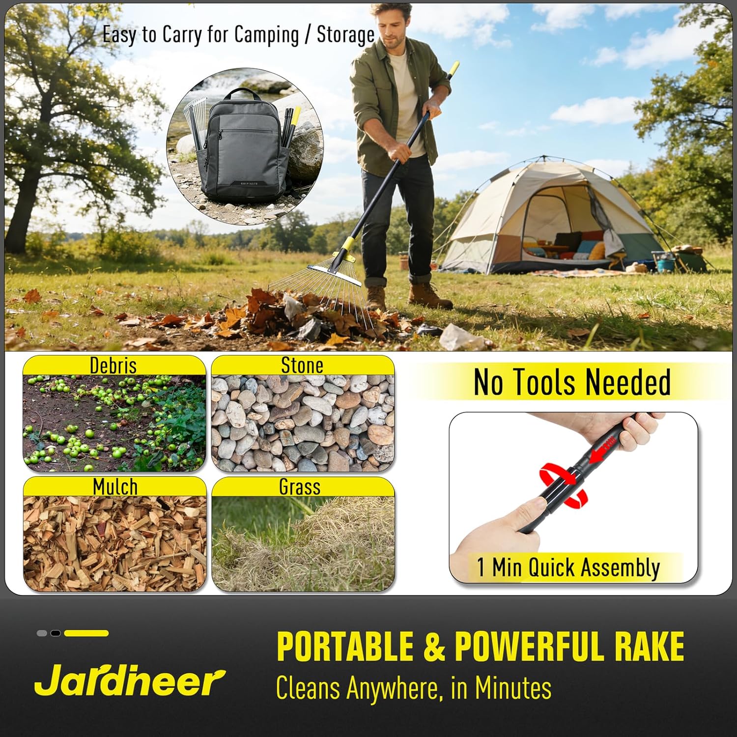 Jardineer Garden Rake for Leaves - Adjustable Metal Leaf Rake with Expandable Head and 59 Inch Long Handle, Yard Rake for Leaves, Debris, Tight Spaces and Yard Waste Removal