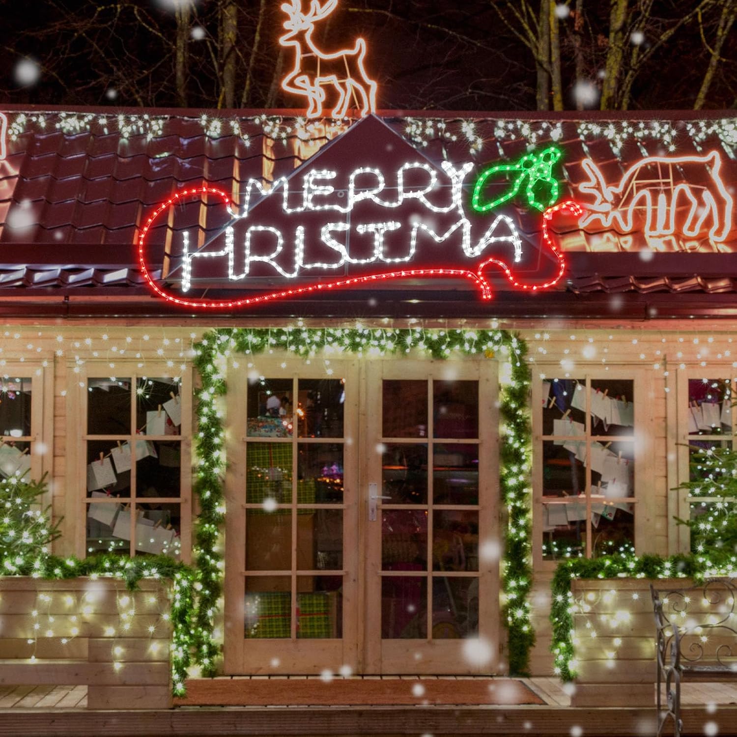 Outdoor Lighted Merry Christmas Holly Leaf Sign Decoration 50" Extra Large Red and Green Waterproof LED Neon Pre Lit Display Christmas Garden Yard Window Wall Store Holiday Decoration