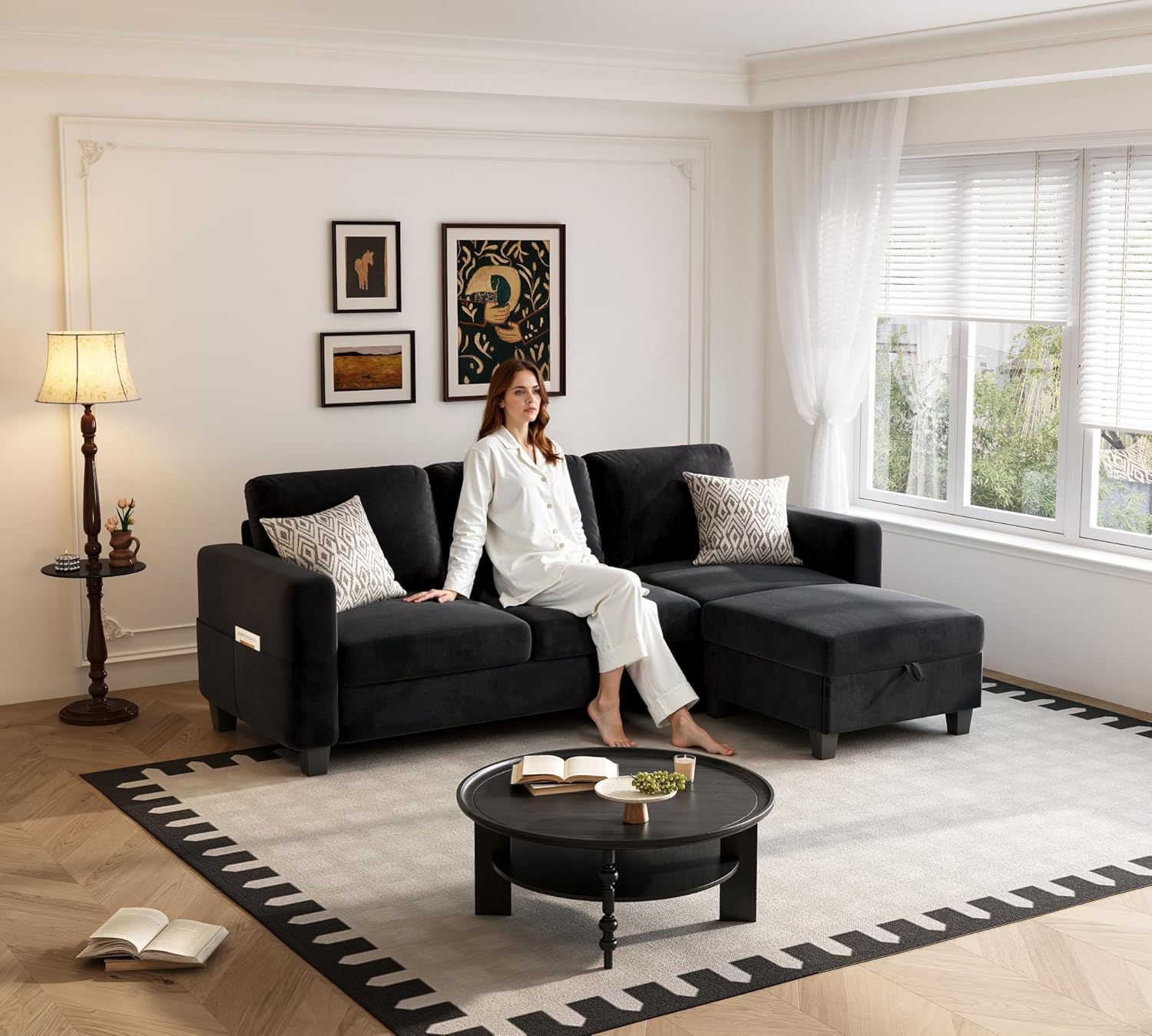 Youmumeub Sectional Couches for Living Room - Convertible Sofa and Storage Bench,79''Modern Corner Configuration,Suitable for Living Room, Apartment, Bedroom and Office-Black | Reversible Chaise, Washable Covers