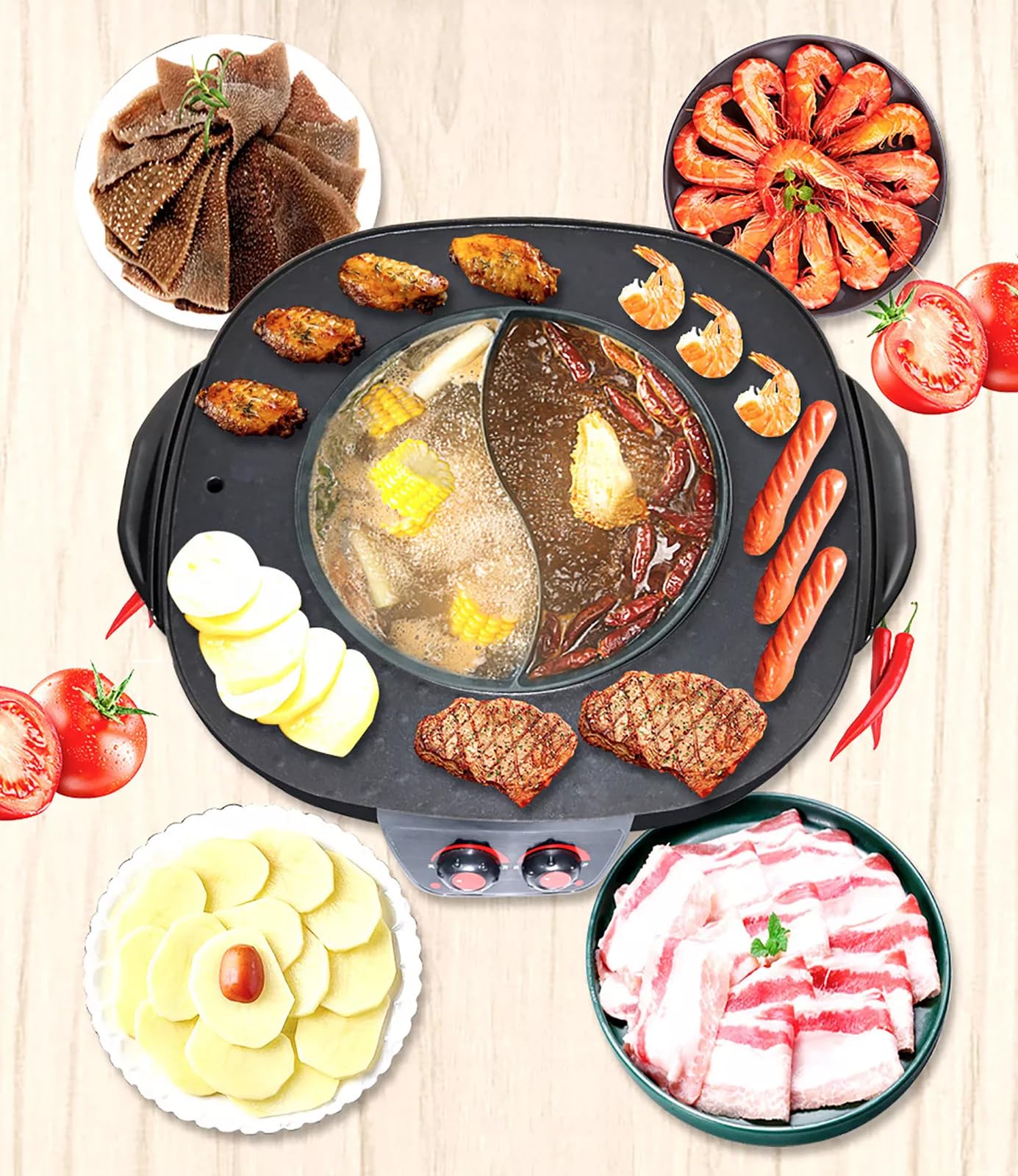 Electric Hot Pot et grill électrique 2 en 1 220 V 4000 W avec câble d'alimentation et couvercle, chauffage rapide coréen, barbecue thaï, fondue, raclette pour 5 à 6 personnes