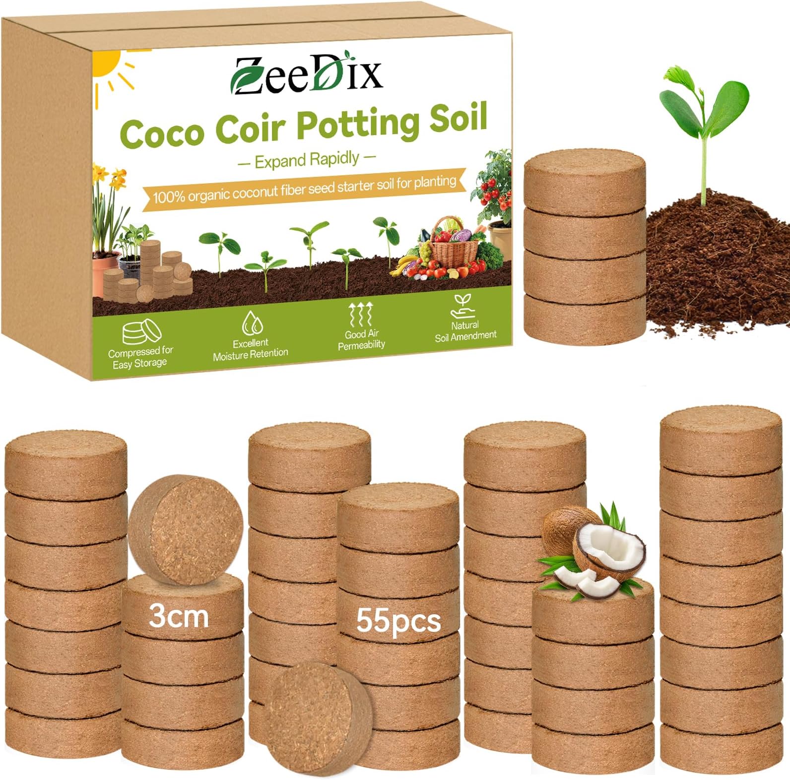 ZeeDix 55 Pack 30mm Organic Coco Coir Pellets Seed Starter Soil
