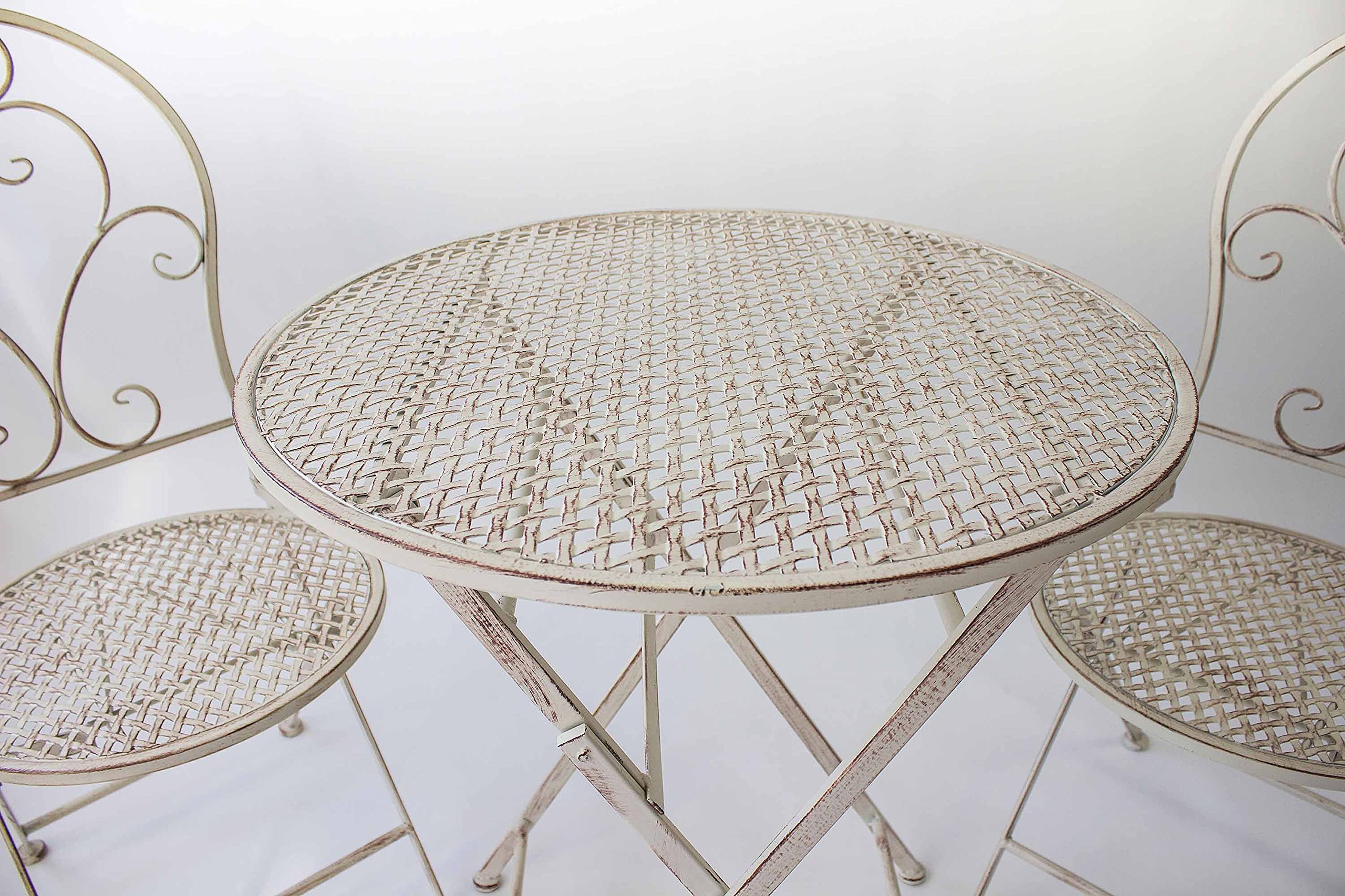 AVANTI TRENDSTORE - Bistro - Set arredo esterno in ferro per due persone, composto da un tavolino con piano rotondo e due sedie, pieghevole. Disponibile in due colorazioni. (bianco antico)