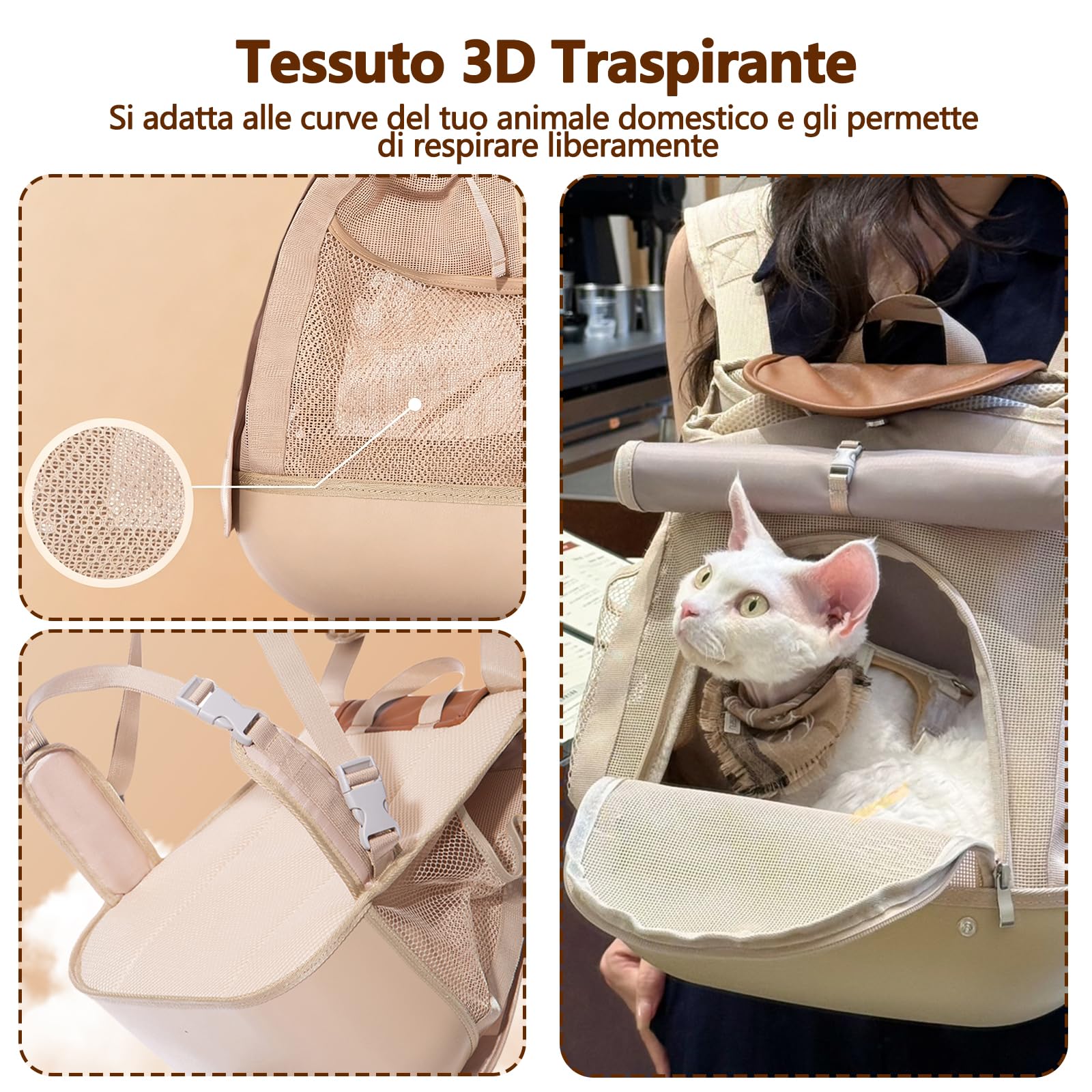 Galatée Zaino Per Animali Domestici, Piccola Borsa Portatile Per Cani e Gatti, Base Robusta e Indeformabile, Design Traspirante Per Evitare l'Accumulo Di Liquidi, Pieghevole (Beige Chiaro)