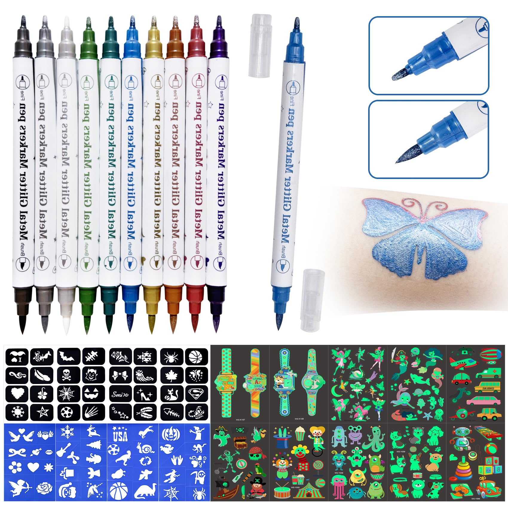 Temporary Tattoos Colorful Metallic Markers Set, 72 Paint Stencils + 10 Sheet Glow Tattoos Stickers, Easter Gifts Tattoo Stencil Stuff for Girls Boys