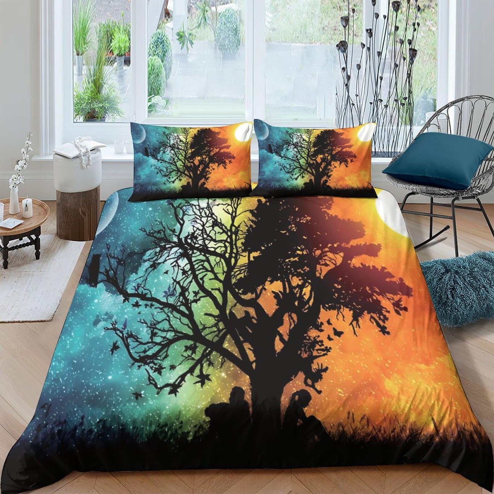 Ctjqhvkz Style-10 3D Printed Sunset Tree Fitted Sheet Microfiber Soft Breathable Forest Silhouette Bed Cover For Bedroom Dorm Decor Single（135X200cm）