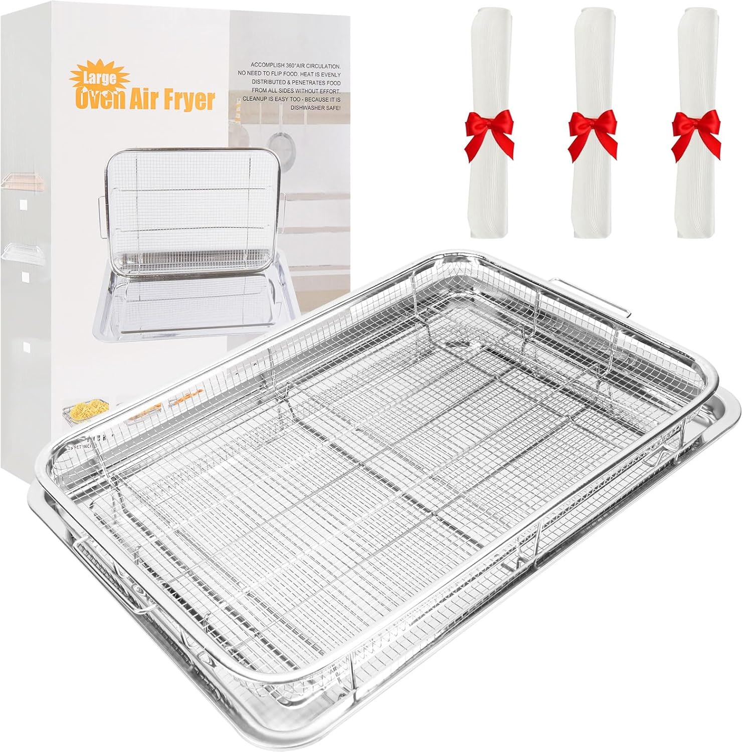 18.7" X 12.8" Oven Air Fryer Basket and Tray, Extra Large Stainless Steel Air Fryer Basket with 100 PCS Parchment Papers, Dishwasher Safe & Rustproof