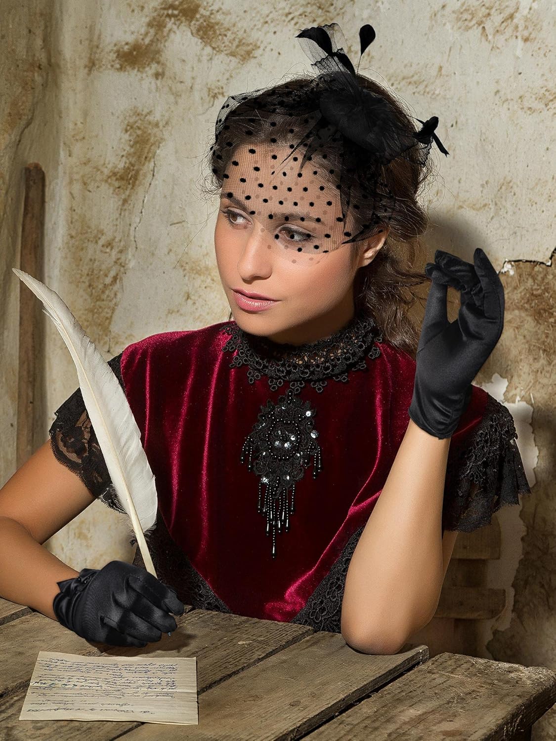 Geyoga 50s Fascinator Hat for Women Funeral Veil Hat Pillbox Cocktail Tea Party Headpiece and Lace Glove - Image 4