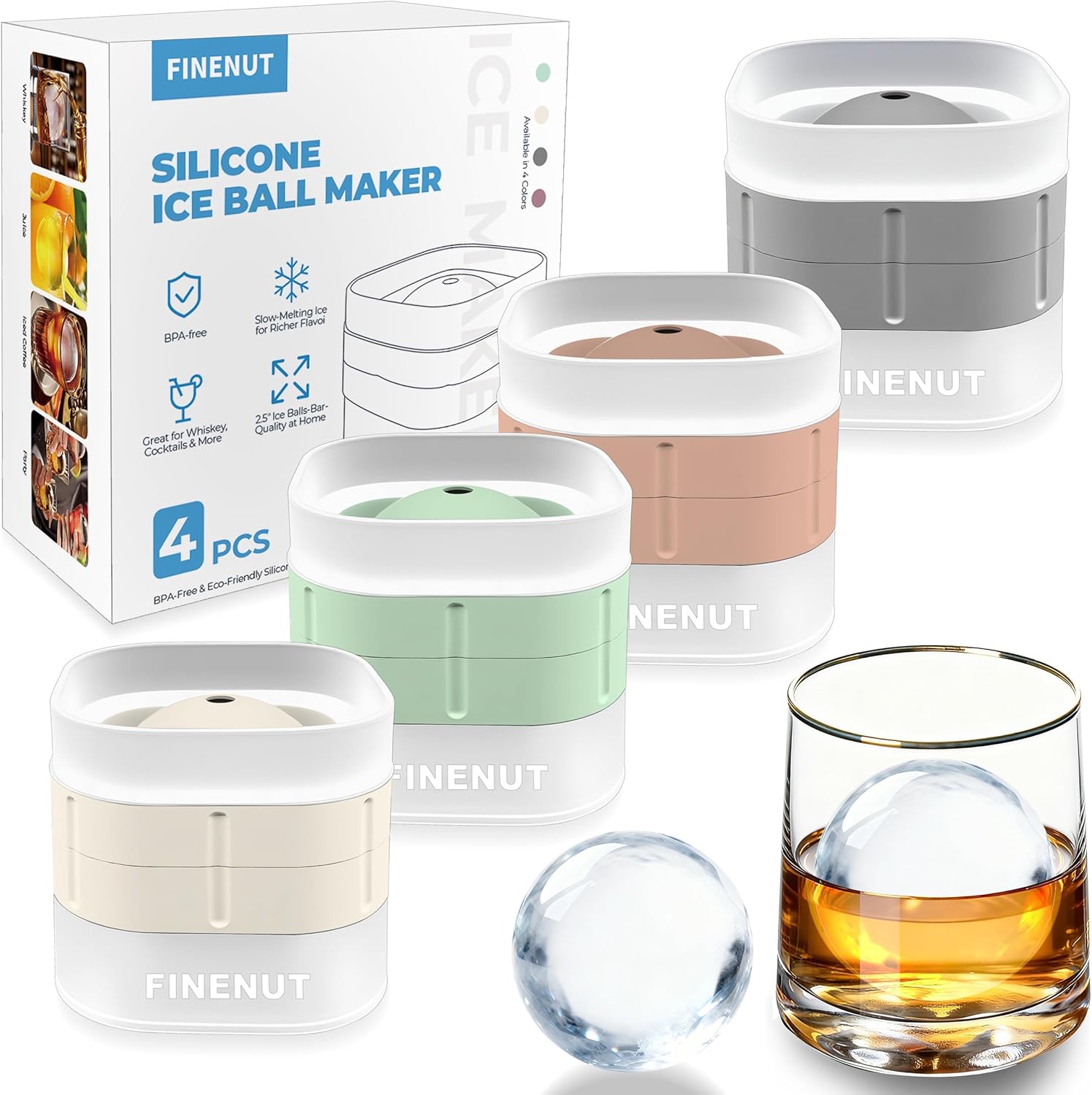 Silicone Ice Ball Mold with Lid, 4 Pack – 2.5 Inch Large Sphere Round Ice Maker, Easy Release BPA-Free Silicone Trays for Whiskey & Cocktails, Home Bars & Freezer