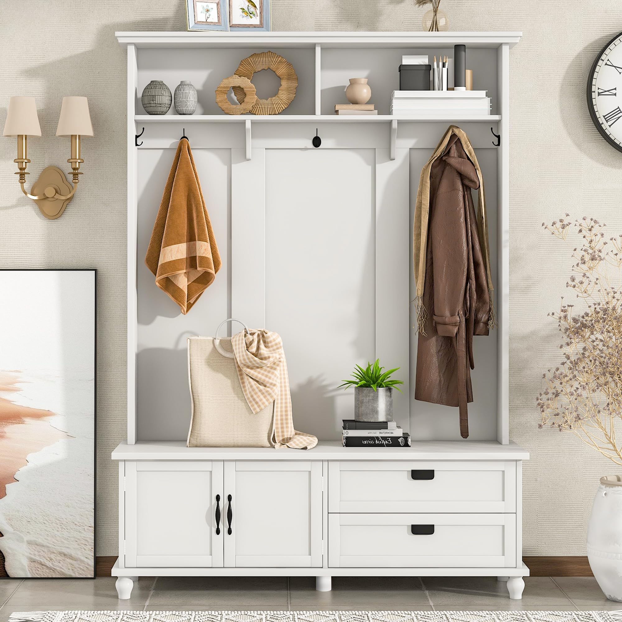 Bellemave Hall Tree with Storage Cabinet, Entryway Coat Rack with 2 Large Drawers and 5 Coat Hooks, Widen Mudroom Bench for Entrance Mudroom Living Room (White)