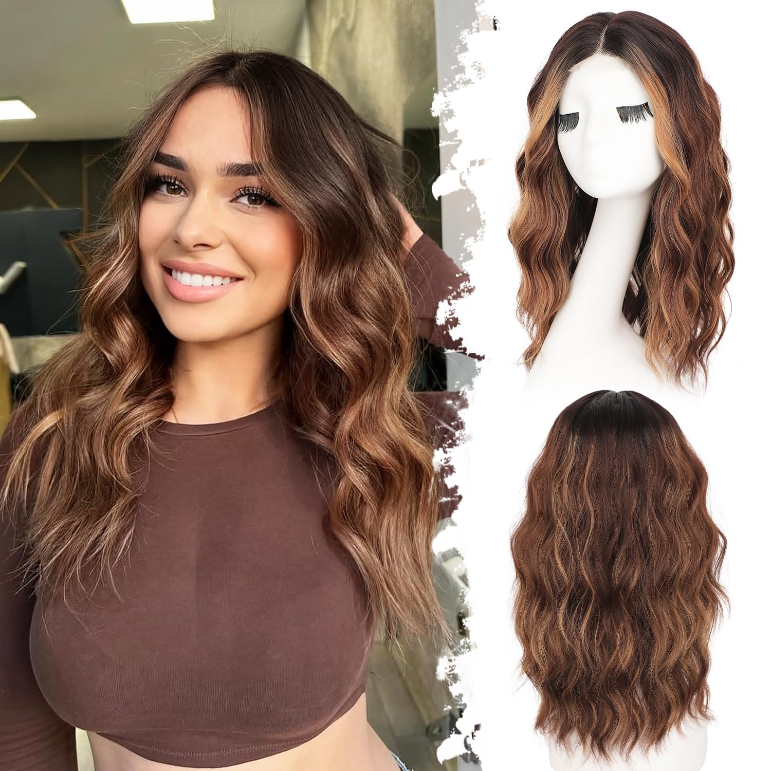 Brown Highlight Short Wavy Wig for Women Lace Hairline Bob Style Synthetic Heat Resistant - Natural Appearance for Everyday Hairstyle 18 Inch 18 Inch Brown Highlight
