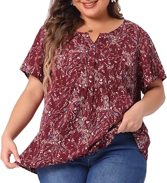 Agnes Orinda Plus Size Womens Summer Tops Floral Half Placket Short Sleeve Casual Blouses