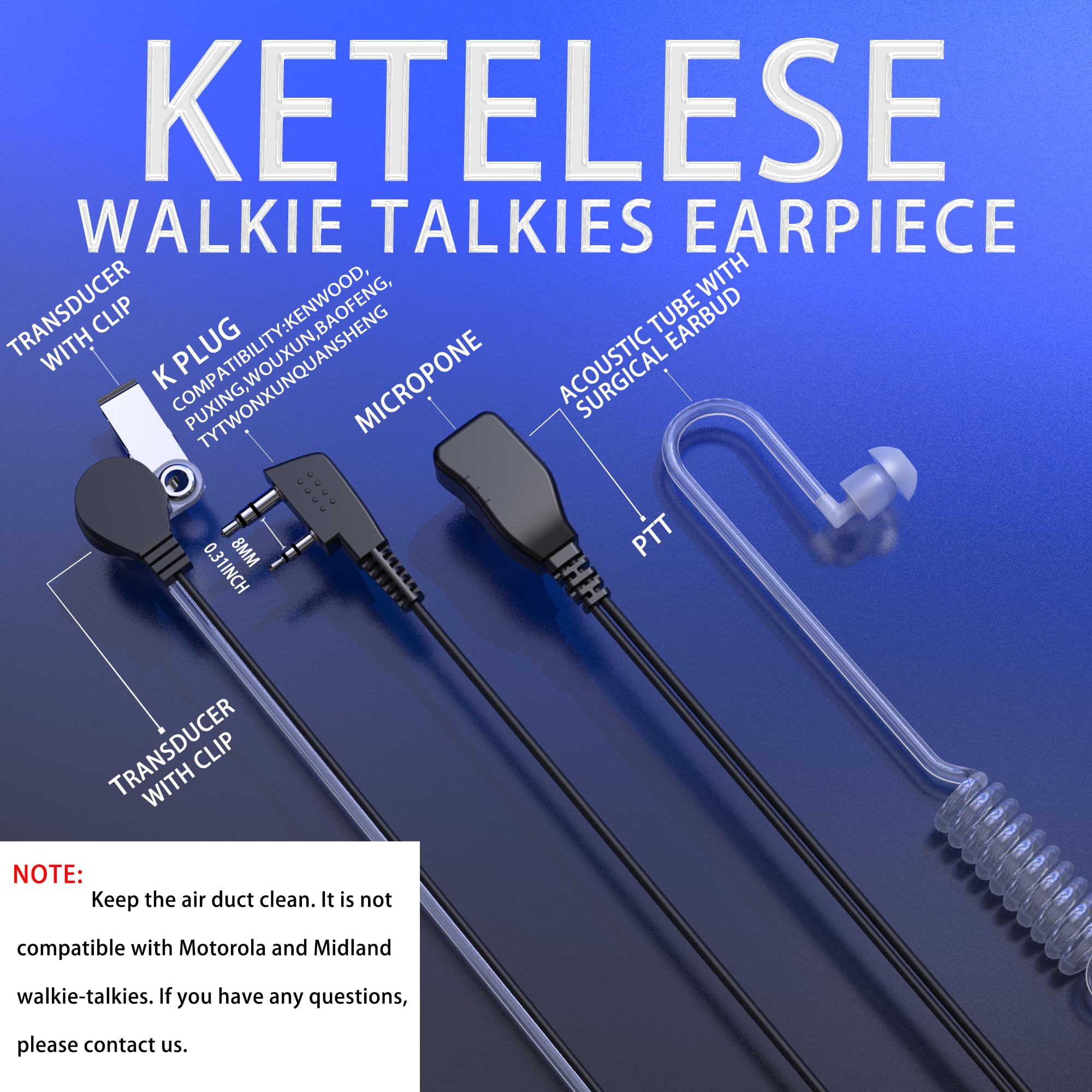 KETELESE Walkie-Talkie-Ohrhörer mit Mikrofon, 2-poliger Luft-Akustikschlauch, kompatibel mit Marken (Baofeng, Kenwood, Puxing, Wouxun, Retevis), Zwei-Wege-Radio-Ohrhörer mit PTT/VOX (2 Stück)