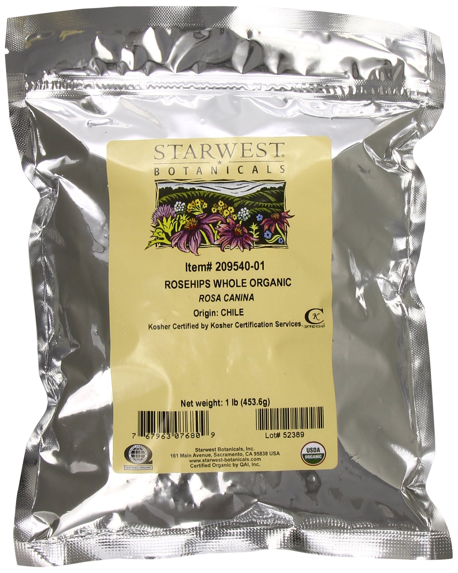 Starwest Botanicals Rosehips Whole Organic - Dried Herb for Tea & Baking, Natural Source of Vitamin C, Seedless, Cut & Sifted, Certified Kosher, Non-GMO - Bulk 1 lb Bag
