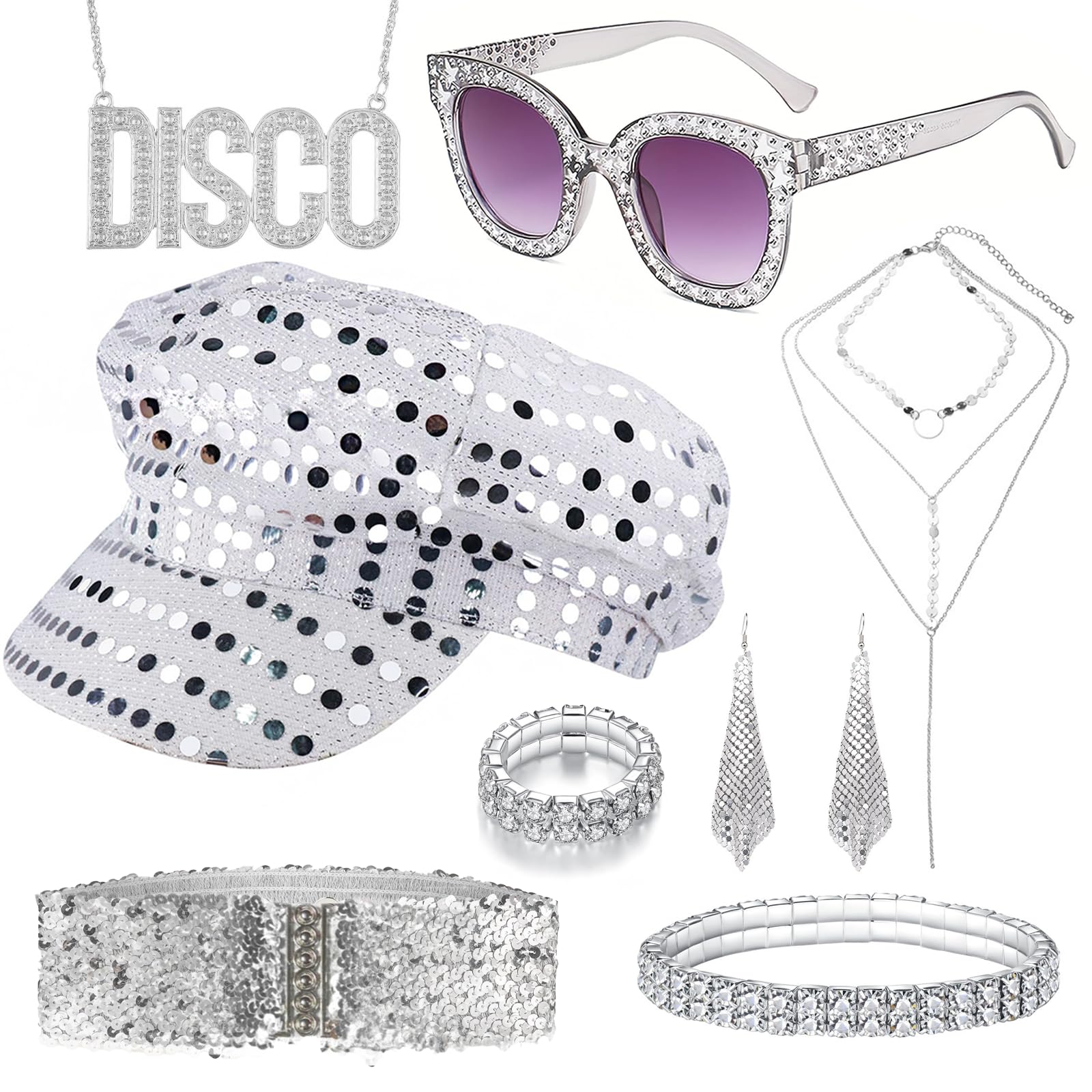 8 Pcs 70s Disco Accessories, 70s Fancy Dress Costumes with Sequins Hat Sunglasses Earrings Bracelet Belt Disco Costume Set for Women Theme Party Halloween Birthday Hippie Costume