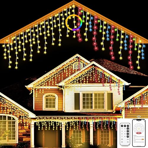 SOSHOT Christmas Icicle String Lights Outdoor - 49Ft/15M 640 LED 8 Modes with Remote Control and App Waterproof Christmas Lights for Patio Yard Garden Wedding Party-Warm White to Multicolor
