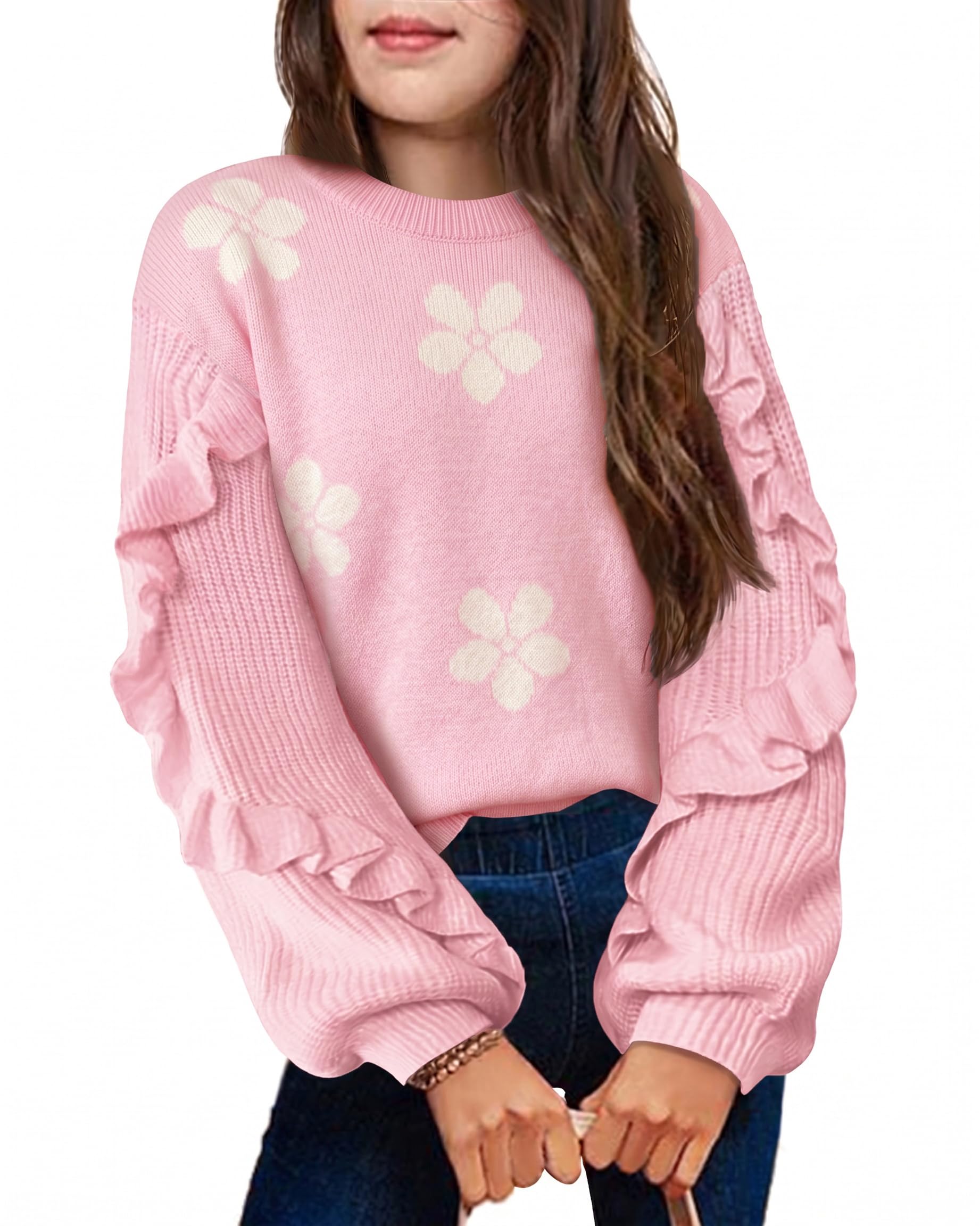 Arshiner Girls Long Lantern Sleeve Sweaters Crew Neck Knit Pullover Jumper Top