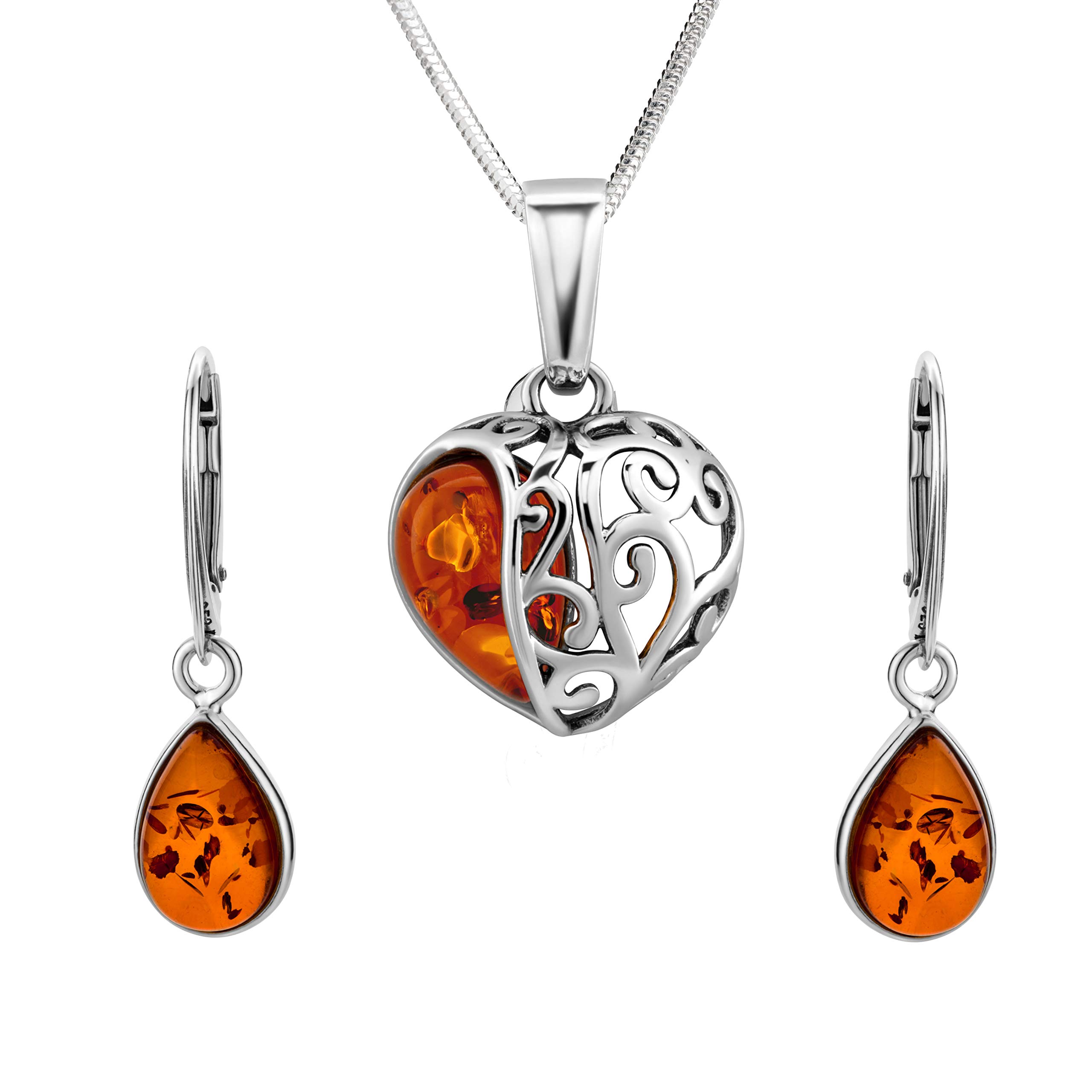Copal Sterling Silber Schmuckset Mit Bernstein Herz Anhänger Und Ohrringe