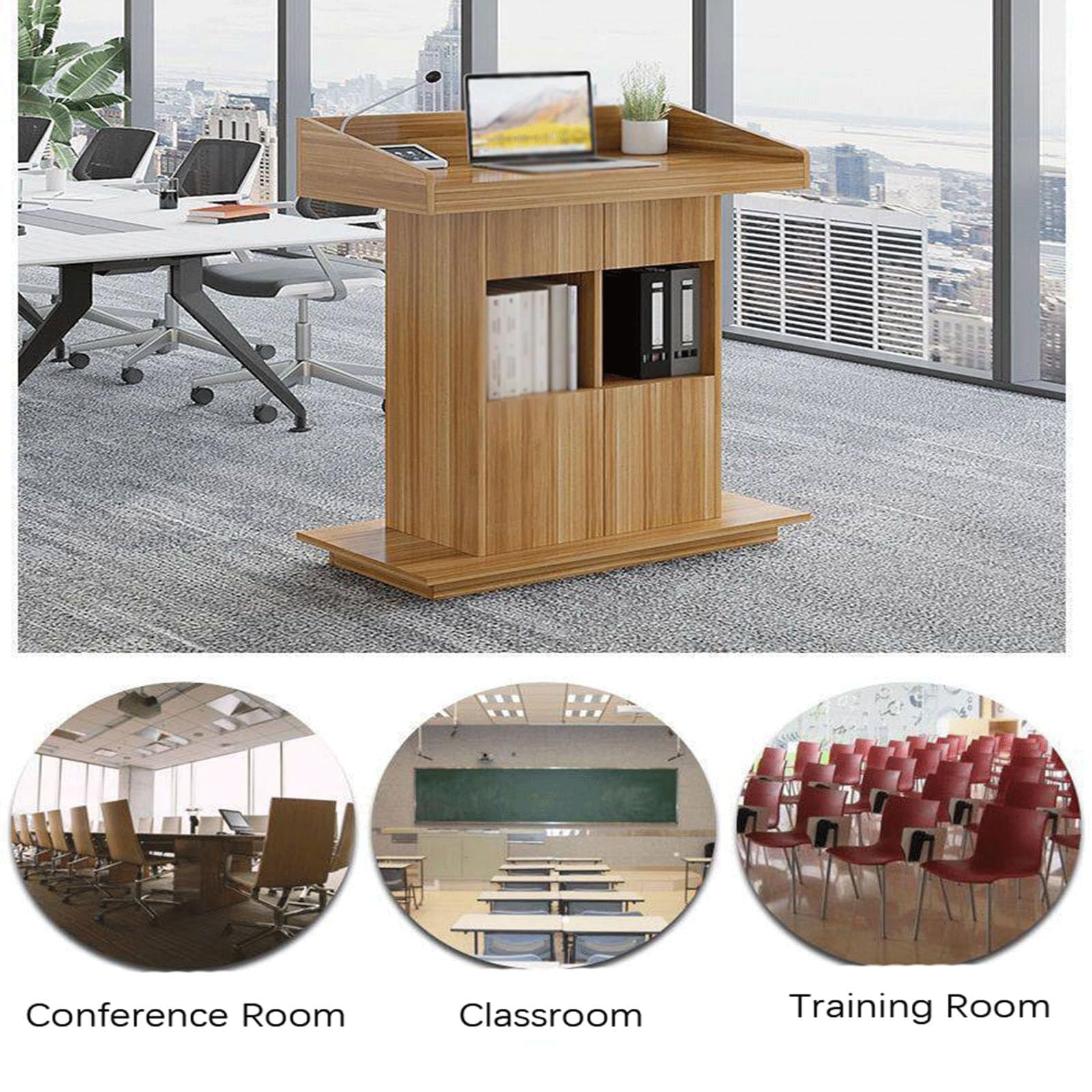 Support de Podium en Bois, chaire d'église Robuste avec roulettes verrouillables, Support d'hôtesse sur Pied Mobile avec pupitre de Rangement(Light Walnut)