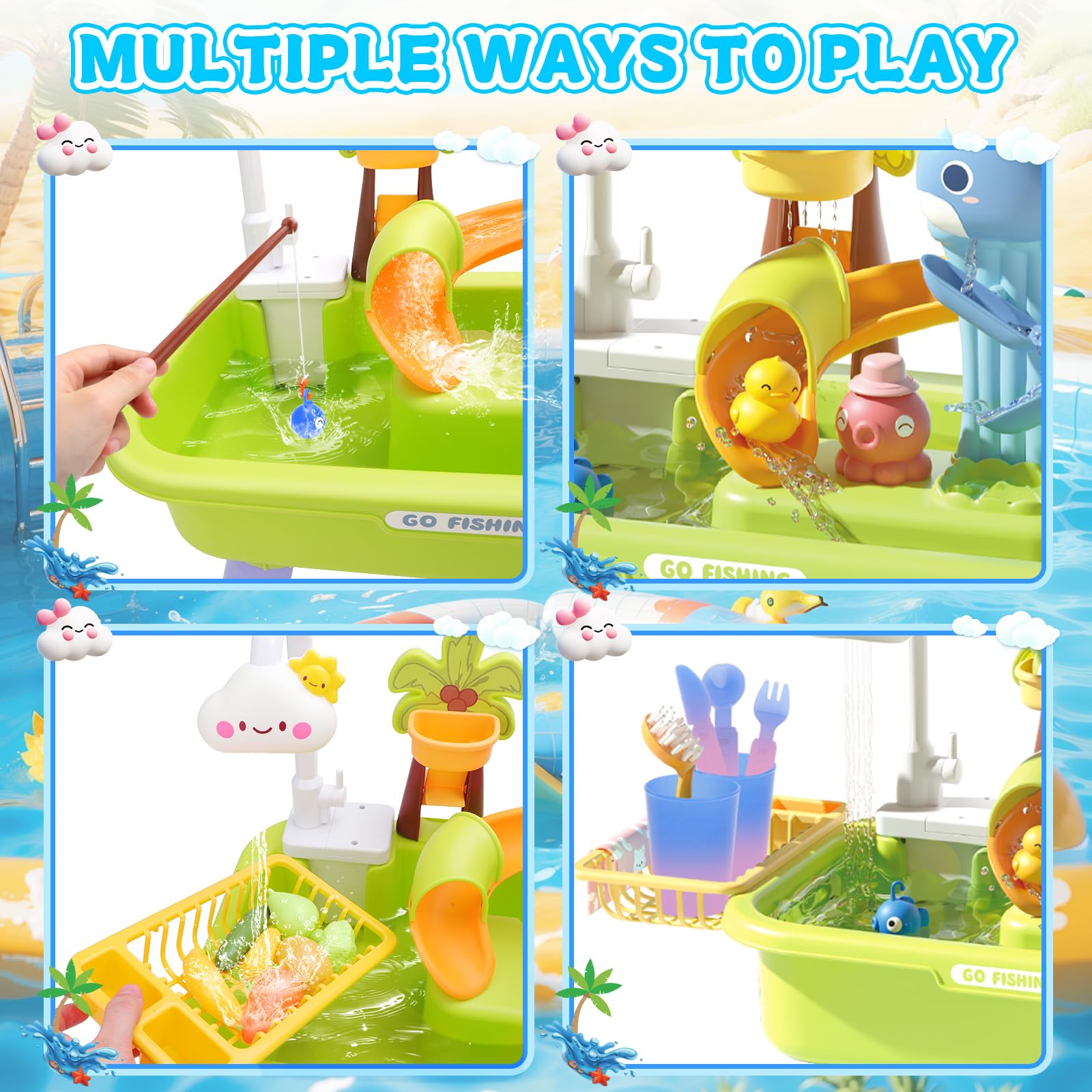 deAO 4 IN 1 Juego de Mesa de Arena y Agua, Multifuncional Electrico Fregadero Cocina Juguete, Pesca, Vajilla que Cambia de Color, Accesorios de Cocina, Juguetes para Exterior Regalo para Niños 3+ Años