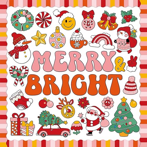 Juego de decoración "Merry and Bright" (Feliz y brillante) para tablero de Feliz Navidad, recortes retro groovy para fiesta, escuela, aula, puerta,