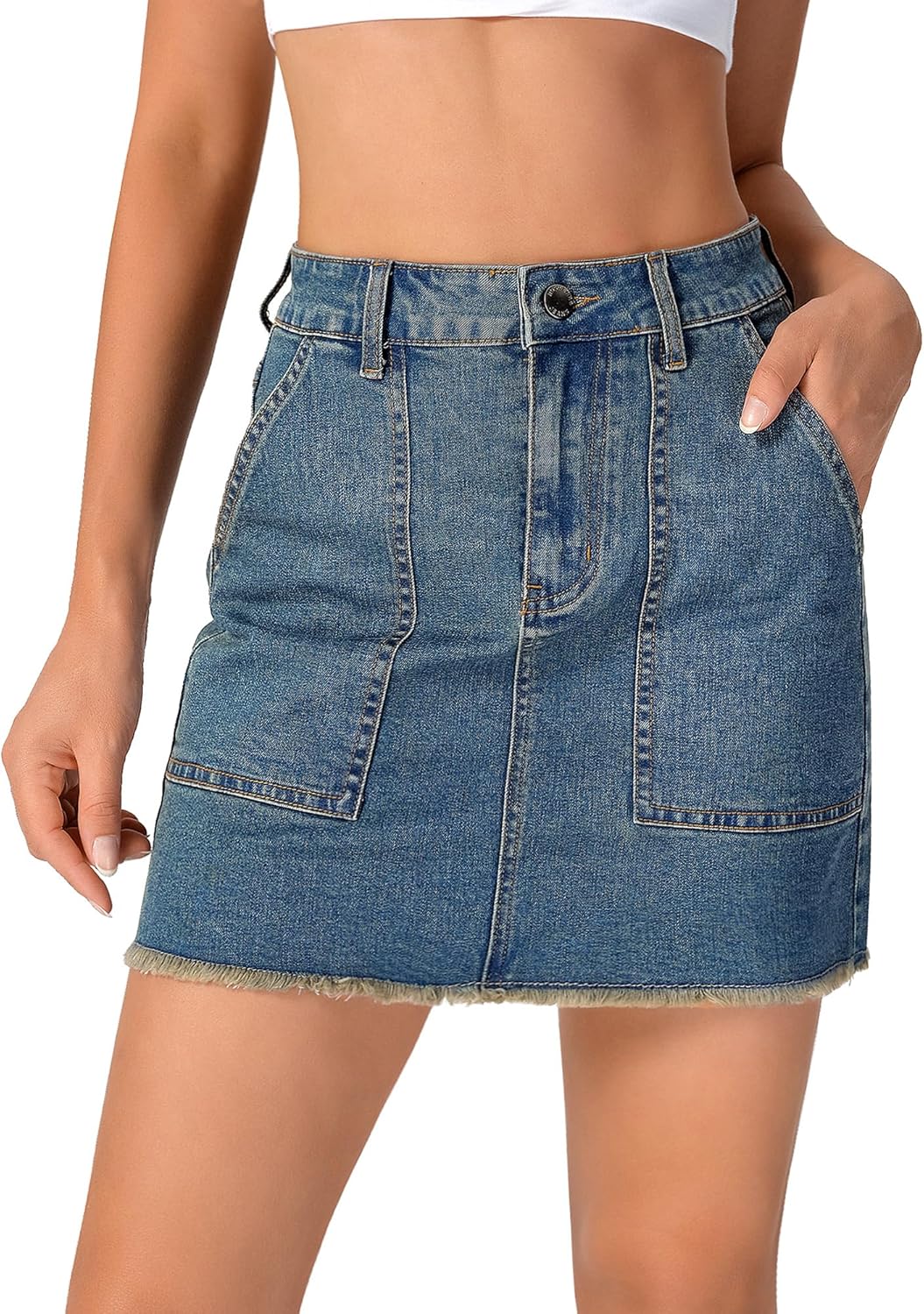 roswear Jean Skirts for Women Stretchy Mini Skirt with Underneath and Large Pockets