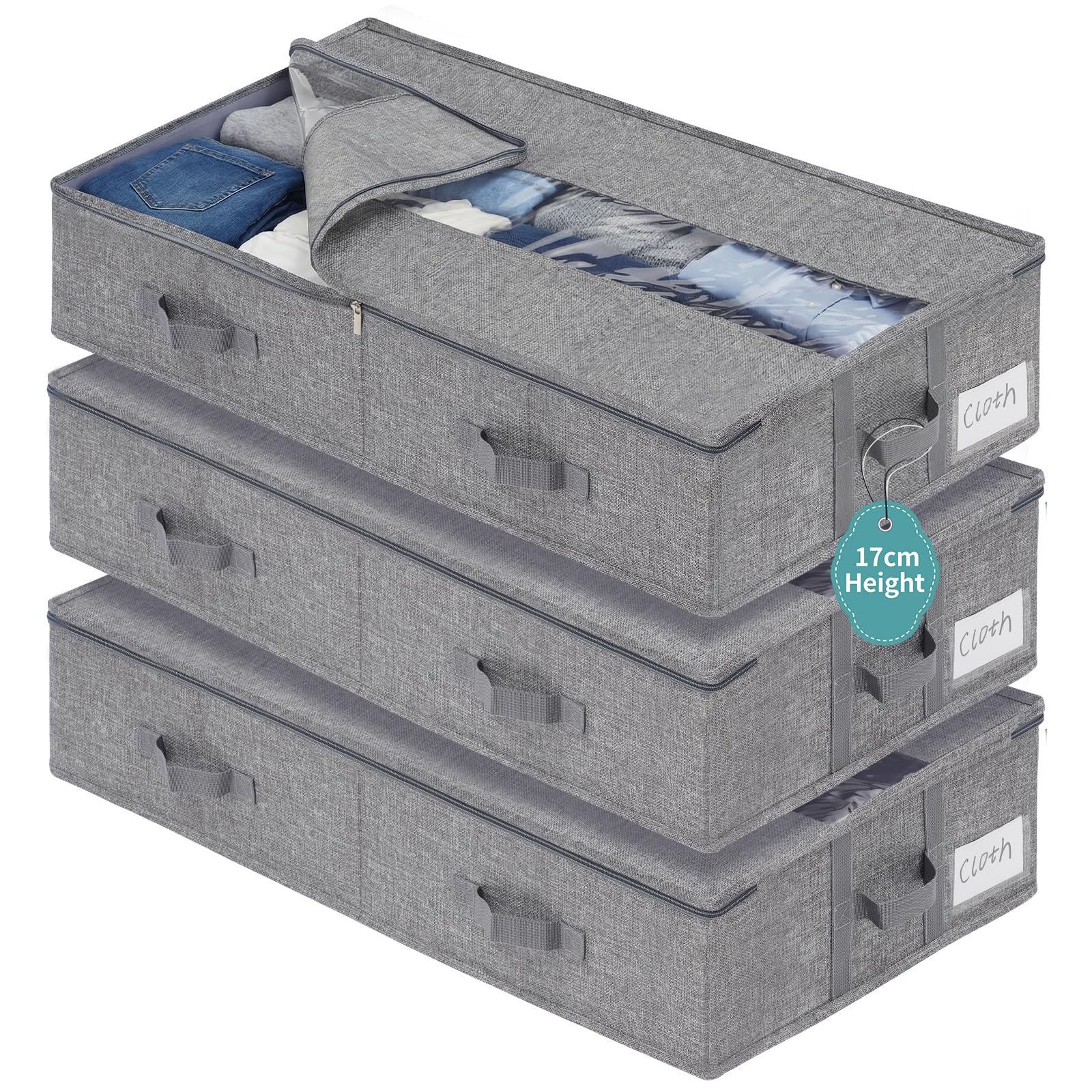GARPROVM Set di 3 contenitori stabili per sottoletto, 76 x 40 x 17 cm, indeformabili, con chiusura lampo centrale, per piumini, vestiti, biancheria da letto