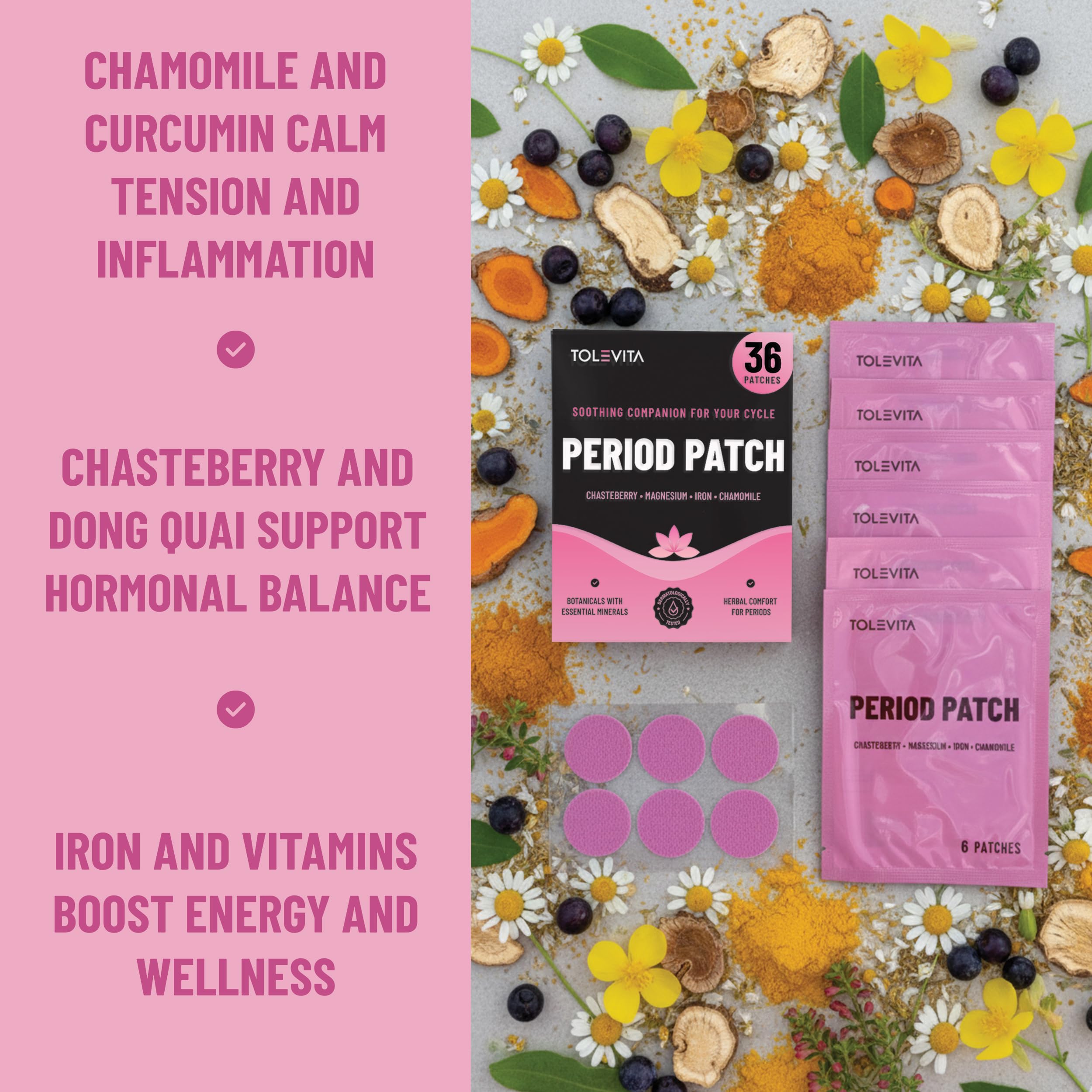 TOLEVITA Period Relief Patches 36 Pcs – Herbal Cramp Support with Chasteberry, Magnesium, Evening Primrose, Dong Quai, Curcumin, Vitamins B6 & E, Iron, Chamomile – Hormonal Balance & Menstrual Comfort — Amazon image 5