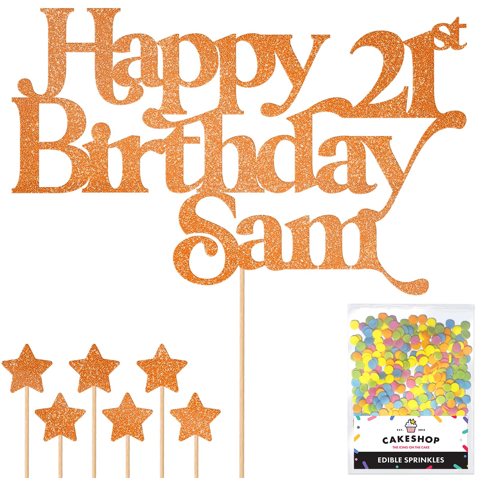Personalised Happy Birthday Glitter Cake Topper - Copper Orange Any Name & Any Age Glitter Cake Decoration and Sprinkles - Happy Birthday Decorations - Personalised Toppers for Cakes by Cakeshop