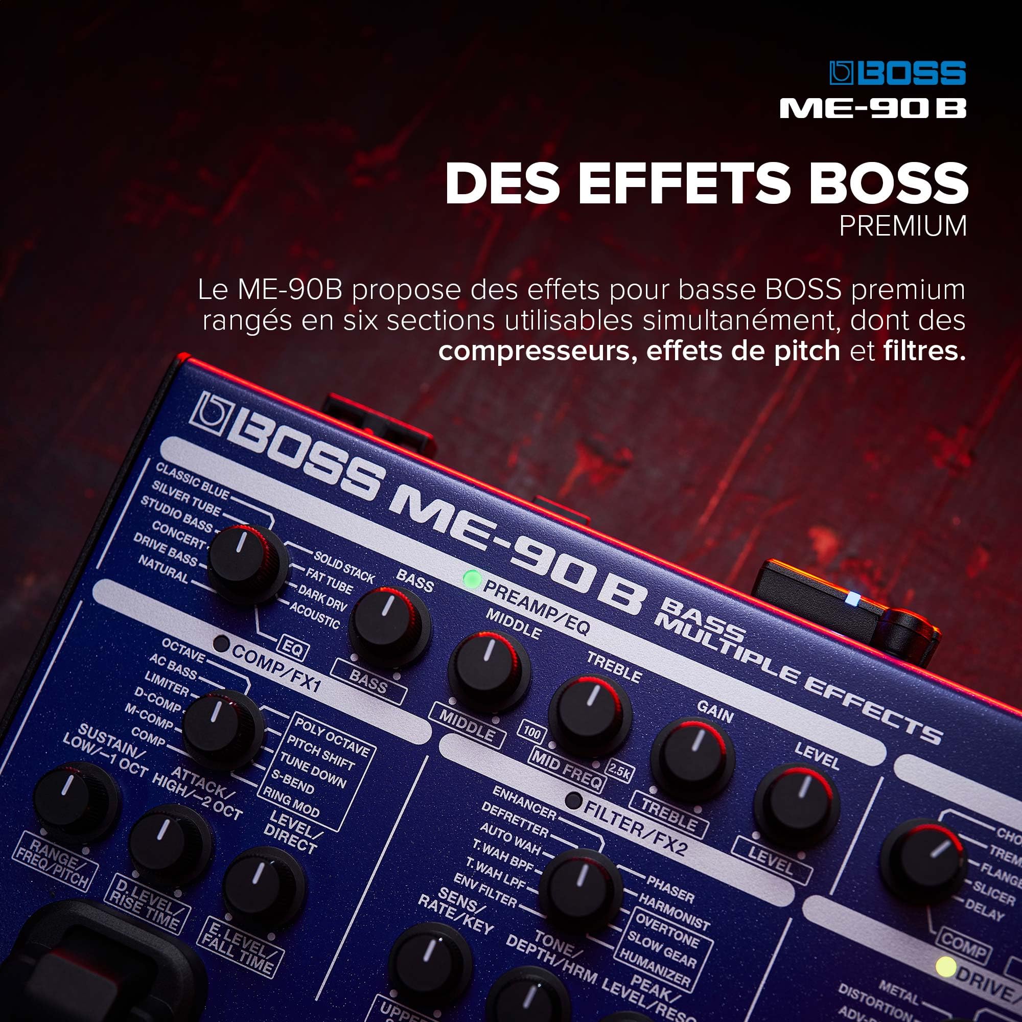 Multi-effet pour basse ME-90B BOSS | Processeur tout-en-un | 10 modélisations d'ampli AIRD intégrées | 61 effets pour basse signés BOSS